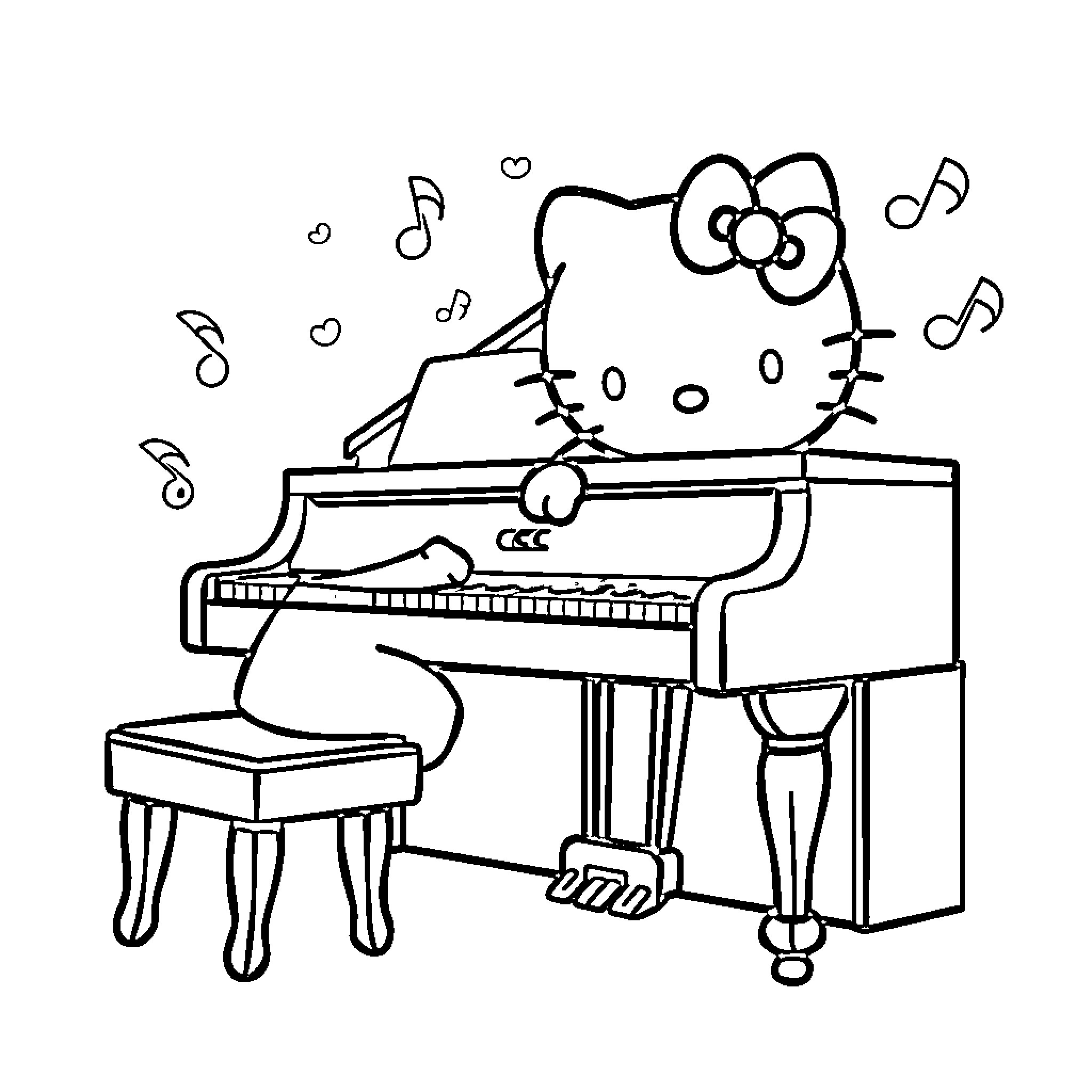 Hello Kitty Plays Joyful Tunes on the Piano Coloring Page (free black-and-white line drawing printable PDF for all, from beginners to advanced learners, including children, teens, adults, and seniors)