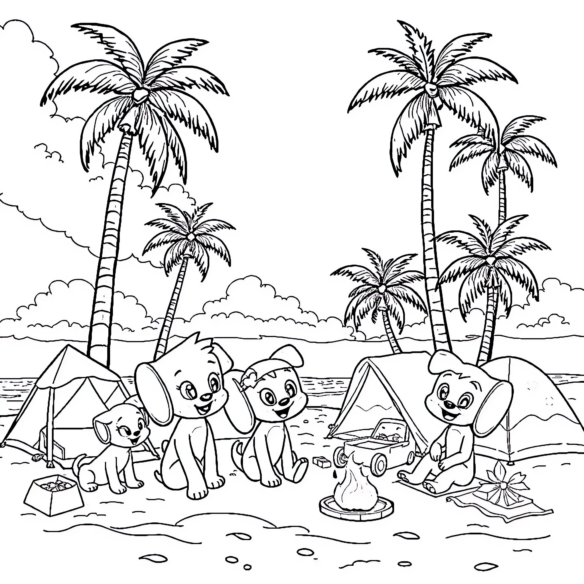 Bluey and friends explore the tropical beach Coloring Page (free black-and-white line drawing printable PDF for all, from beginners to advanced learners, including children, teens, adults, and seniors)