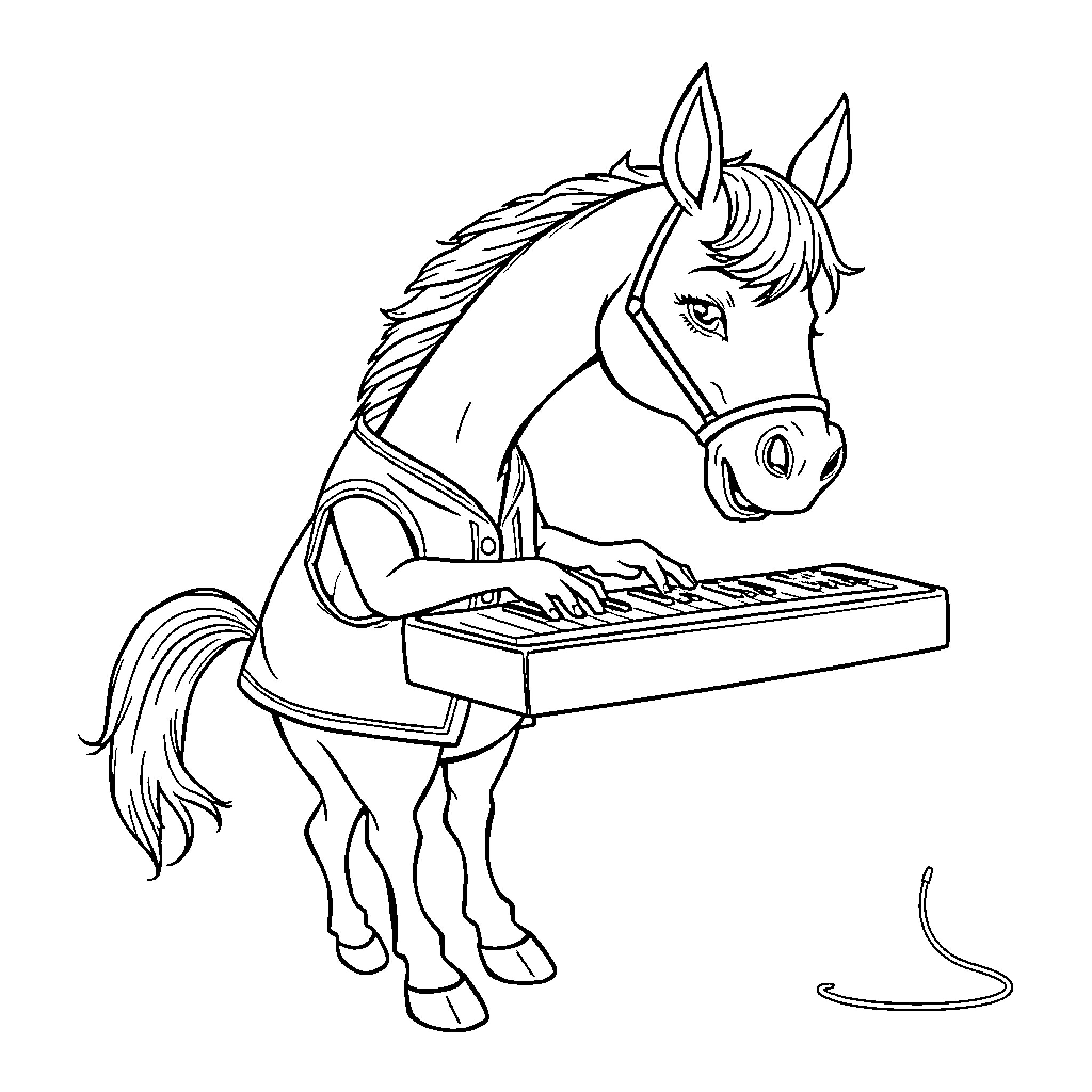 Horse playing keyboard musical instrument Coloring Page (free black-and-white line drawing printable PDF for all, from beginners to advanced learners, including children, teens, adults, and seniors)
