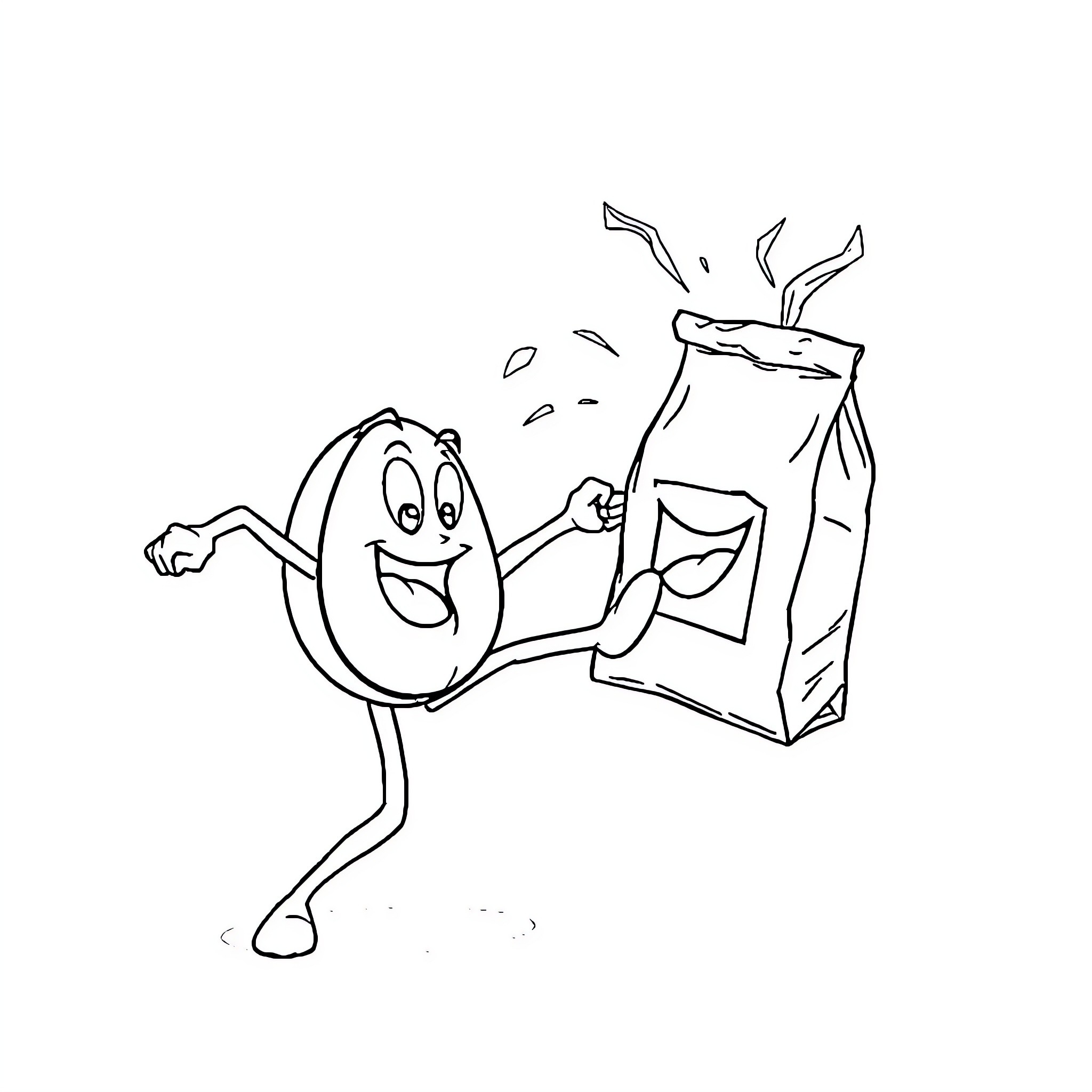 Coffee Bean Character Carrying Bag of Coffee Coloring Page (free black-and-white line drawing printable PDF for all, from beginners to advanced learners, including children, teens, adults, and seniors)