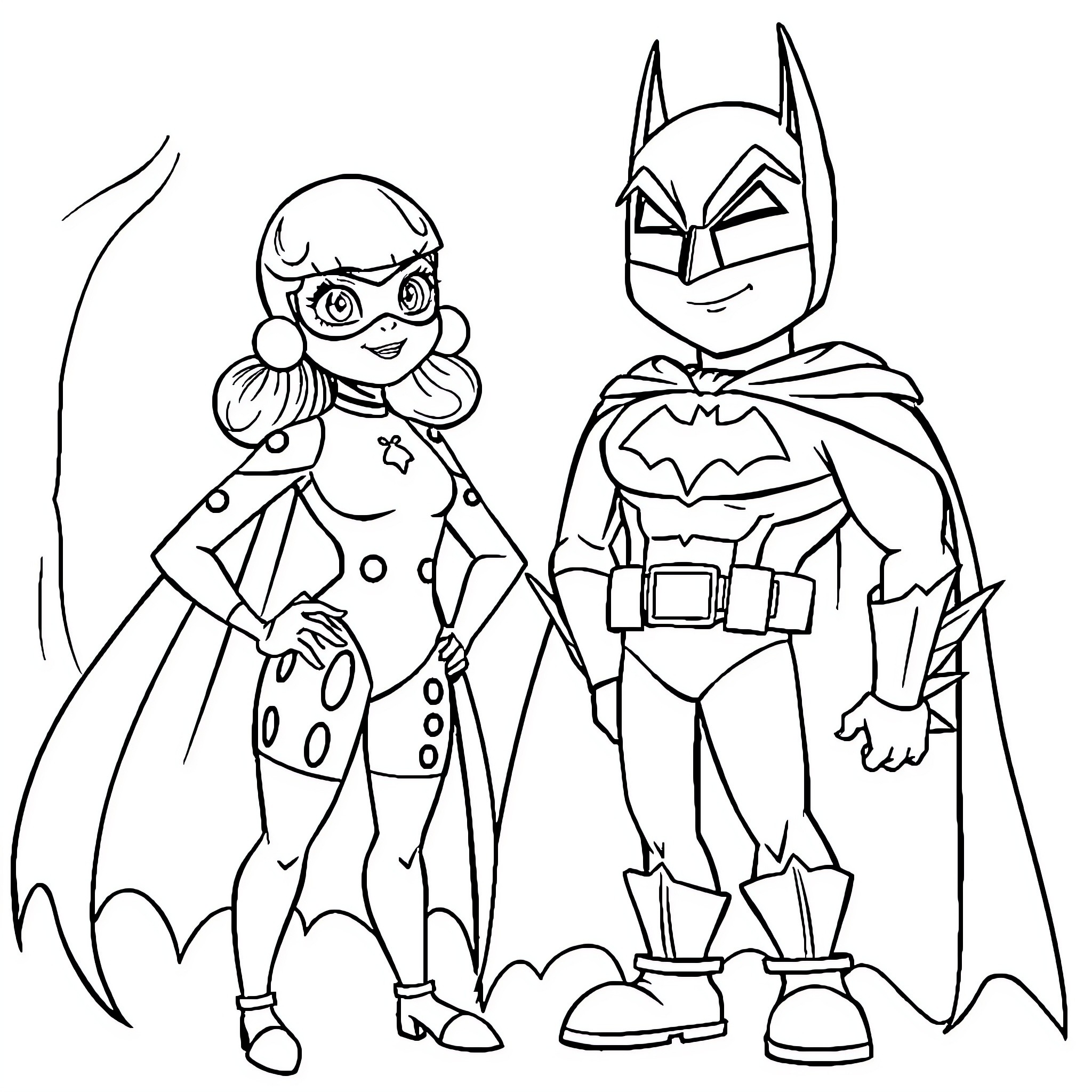 Ladybug and Batman Costume Characters Coloring Page (free black-and-white line drawing printable PDF for all, from beginners to advanced learners, including children, teens, adults, and seniors)