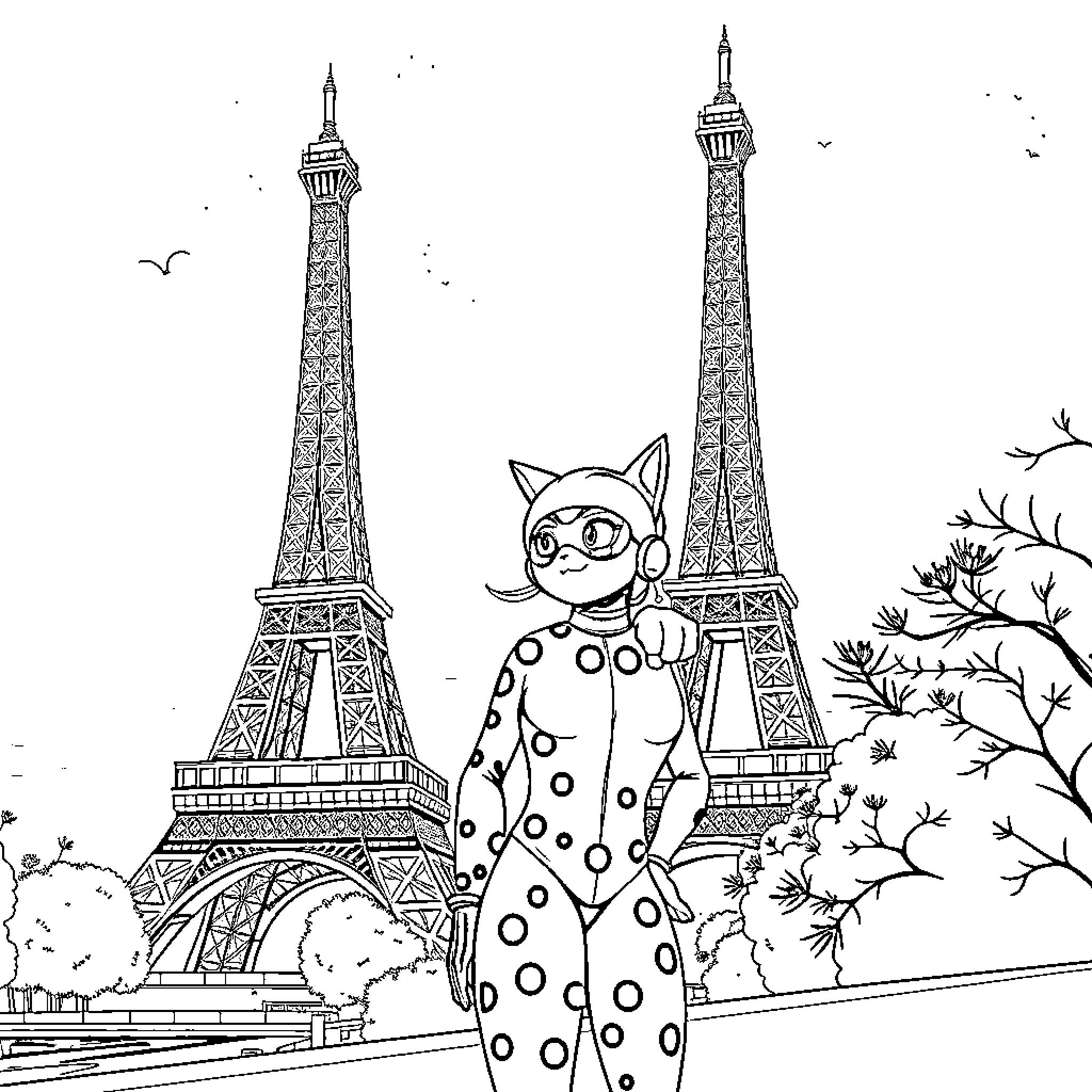 Ladybug posing confidently in front of the Eiffel Tower Coloring Page (free black-and-white line drawing printable PDF for all, from beginners to advanced learners, including children, teens, adults, and seniors)