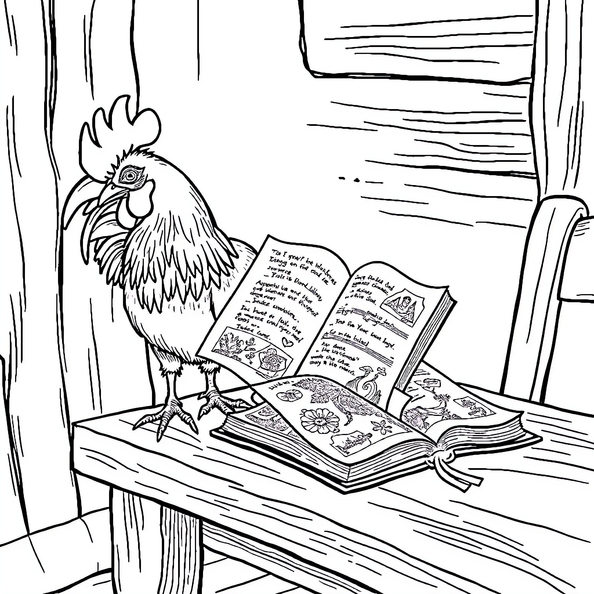 Rooster reading books in the cozy cabin Coloring Page (free black-and-white line drawing printable PDF for all, from beginners to advanced learners, including children, teens, adults, and seniors)