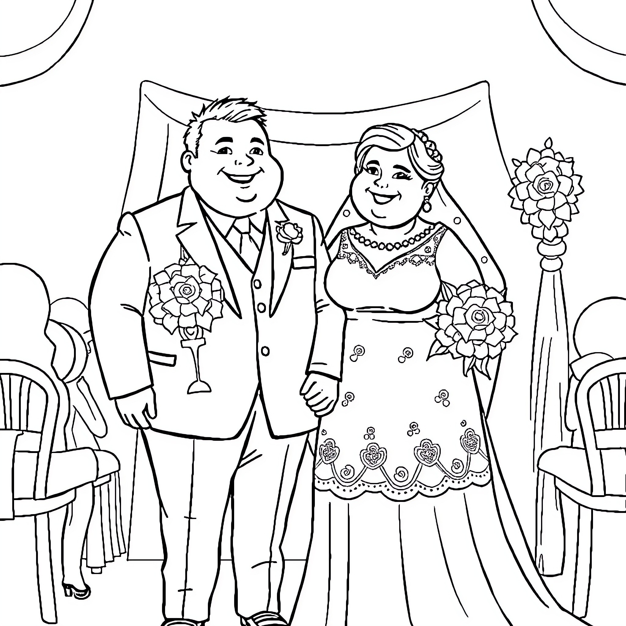 Man and Woman in a Wedding Scene Coloring Page (free black-and-white line drawing printable PDF for all, from beginners to advanced learners, including children, teens, adults, and seniors)