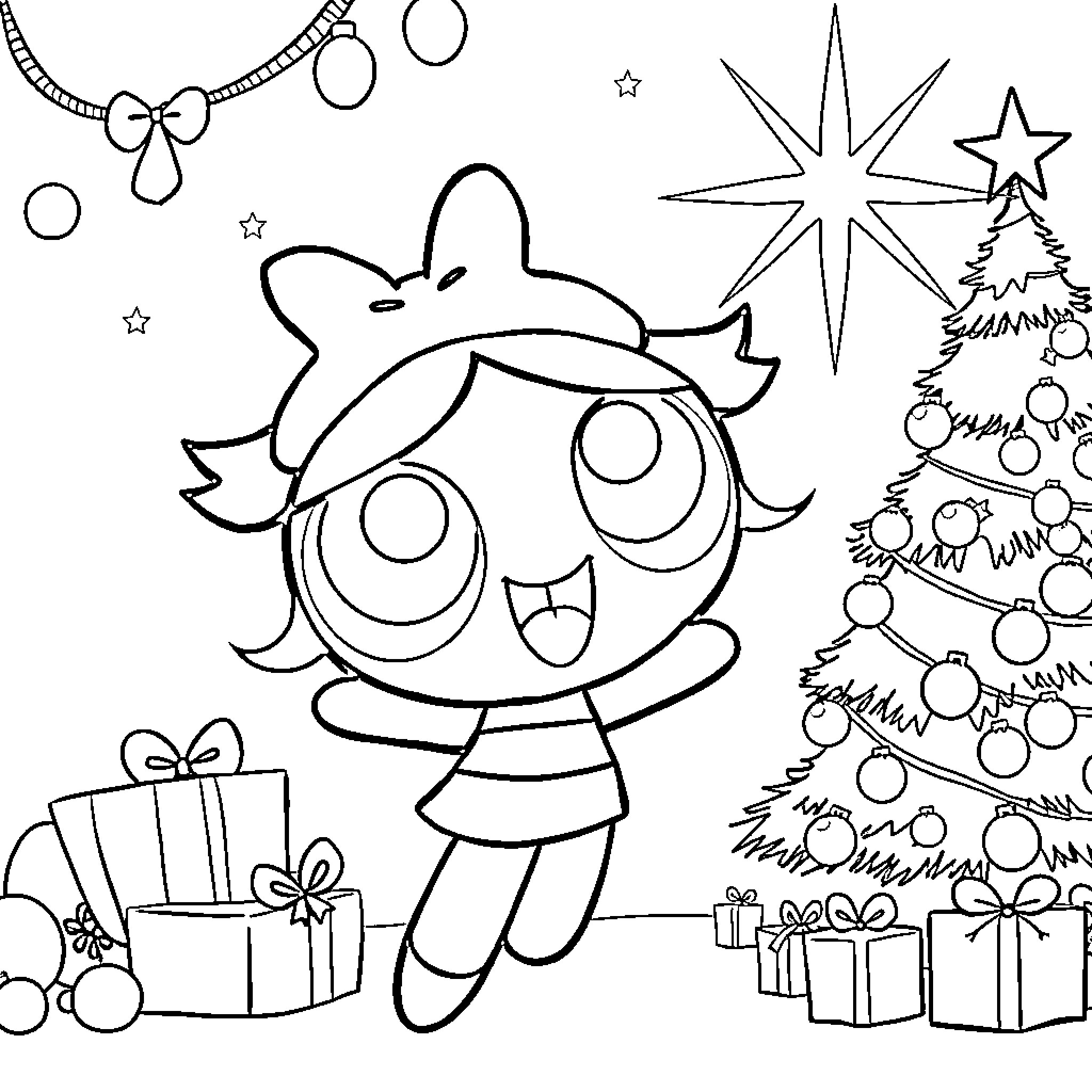 Bubbles' Christmas celebration with gifts and decorations Coloring Page (free black-and-white line drawing printable PDF for all, from beginners to advanced learners, including children, teens, adults, and seniors)