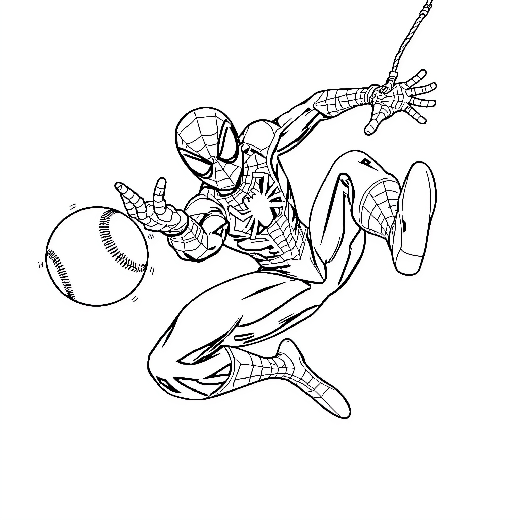 Spider-Man swinging with baseball in action pose Coloring Page (free black-and-white line drawing printable PDF for all, from beginners to advanced learners, including children, teens, adults, and seniors)