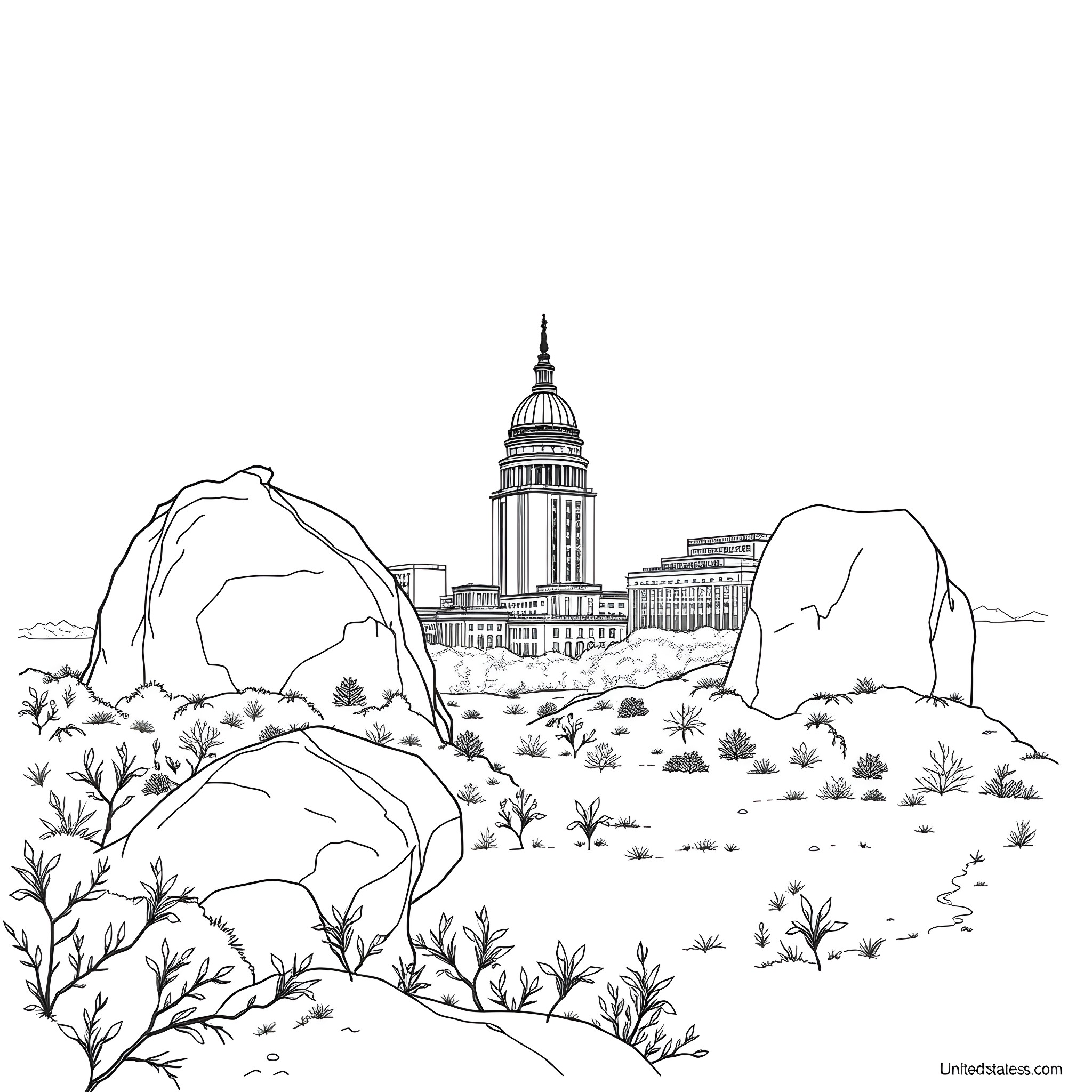 Capital Building Amidst Rugged Landscape Coloring Page (free black-and-white line drawing printable PDF for all, from beginners to advanced learners, including children, teens, adults, and seniors)