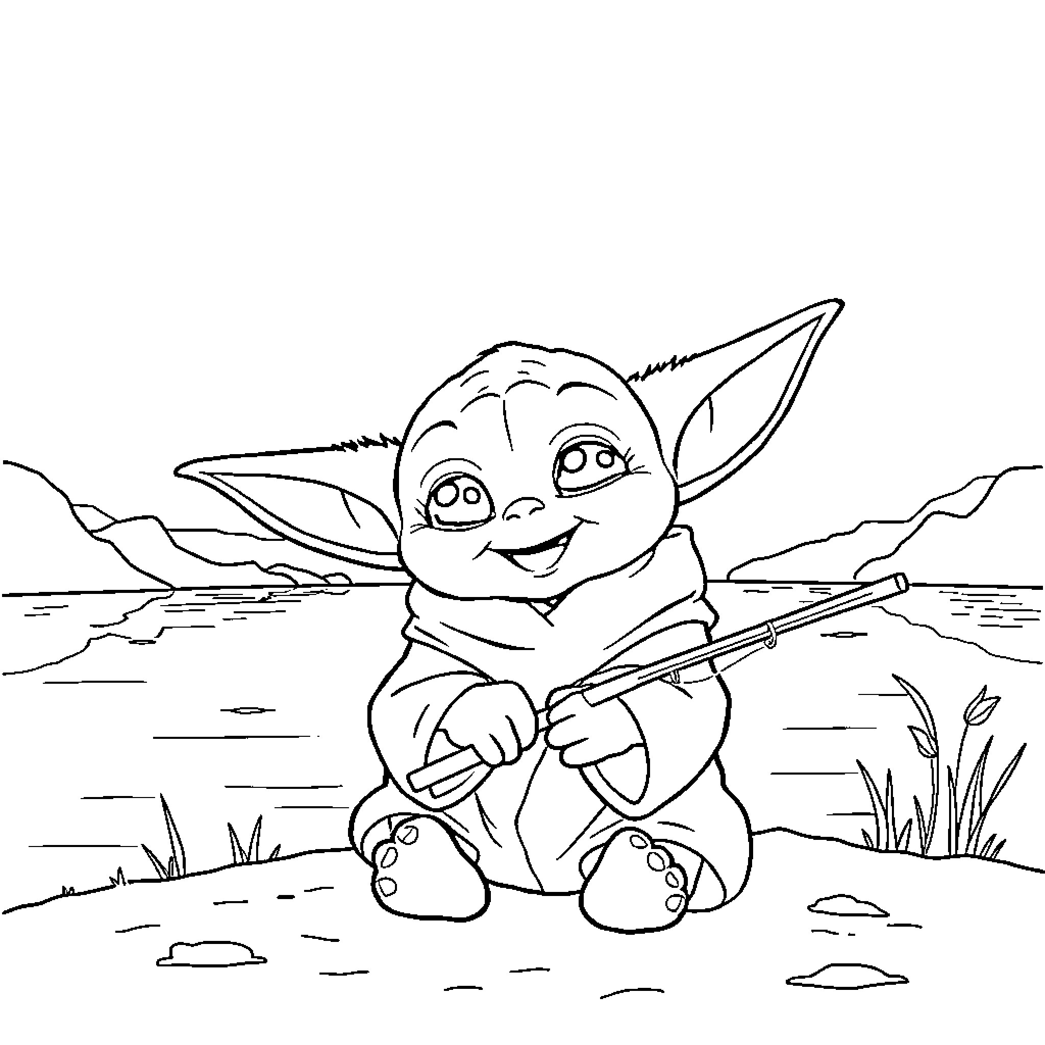 Baby Yoda playing joyfully in the wilderness Coloring Page (free black-and-white line drawing printable PDF for all, from beginners to advanced learners, including children, teens, adults, and seniors)