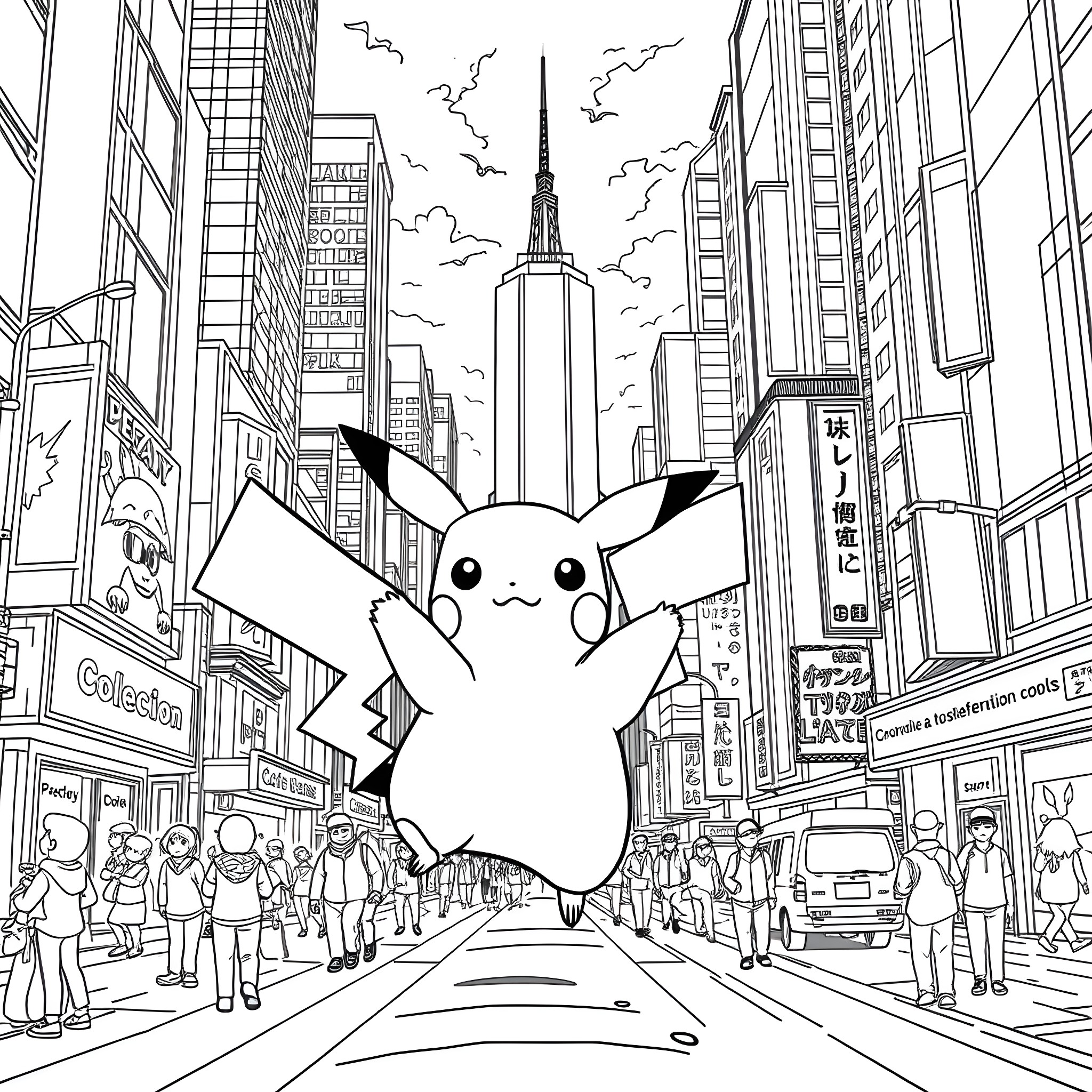 Pikachu in a bustling city landscape Coloring Page (free black-and-white line drawing printable PDF for all, from beginners to advanced learners, including children, teens, adults, and seniors)