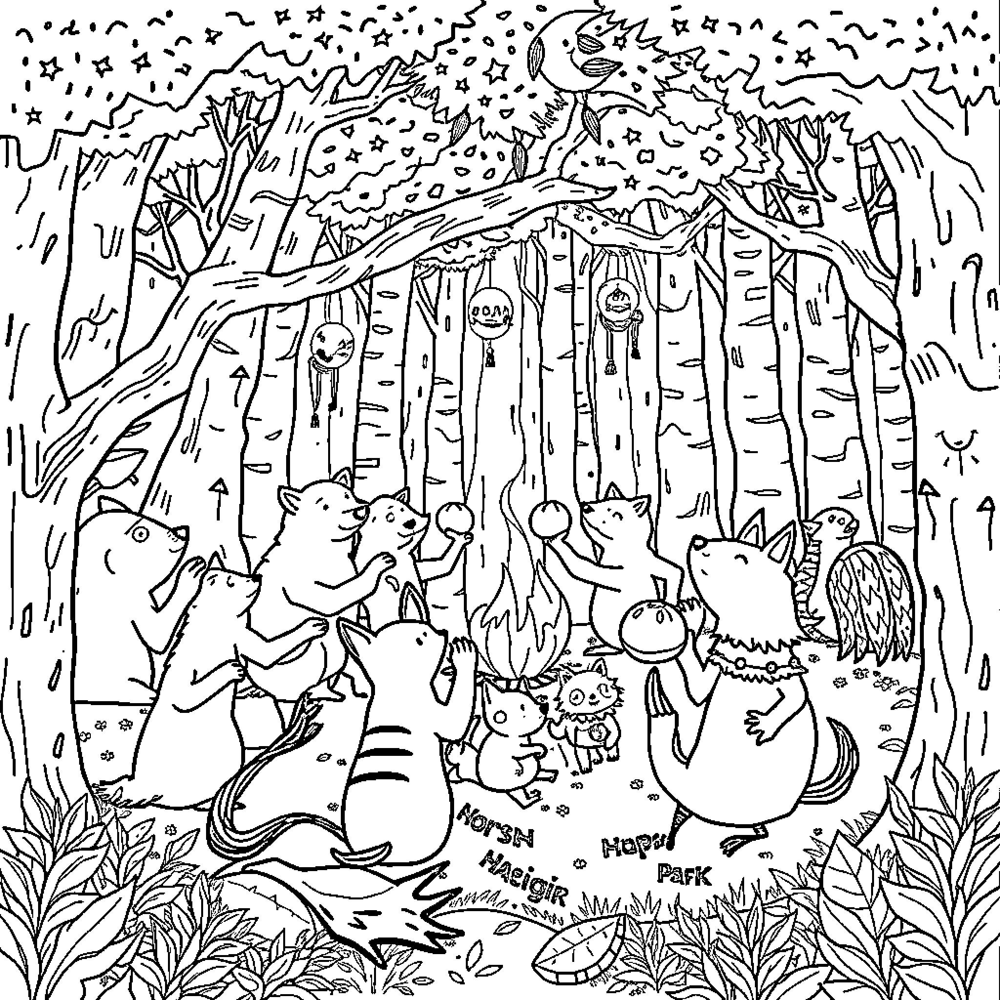Animal characters playing in the forest at night Coloring Page (free black-and-white line drawing printable PDF for all, from beginners to advanced learners, including children, teens, adults, and seniors)