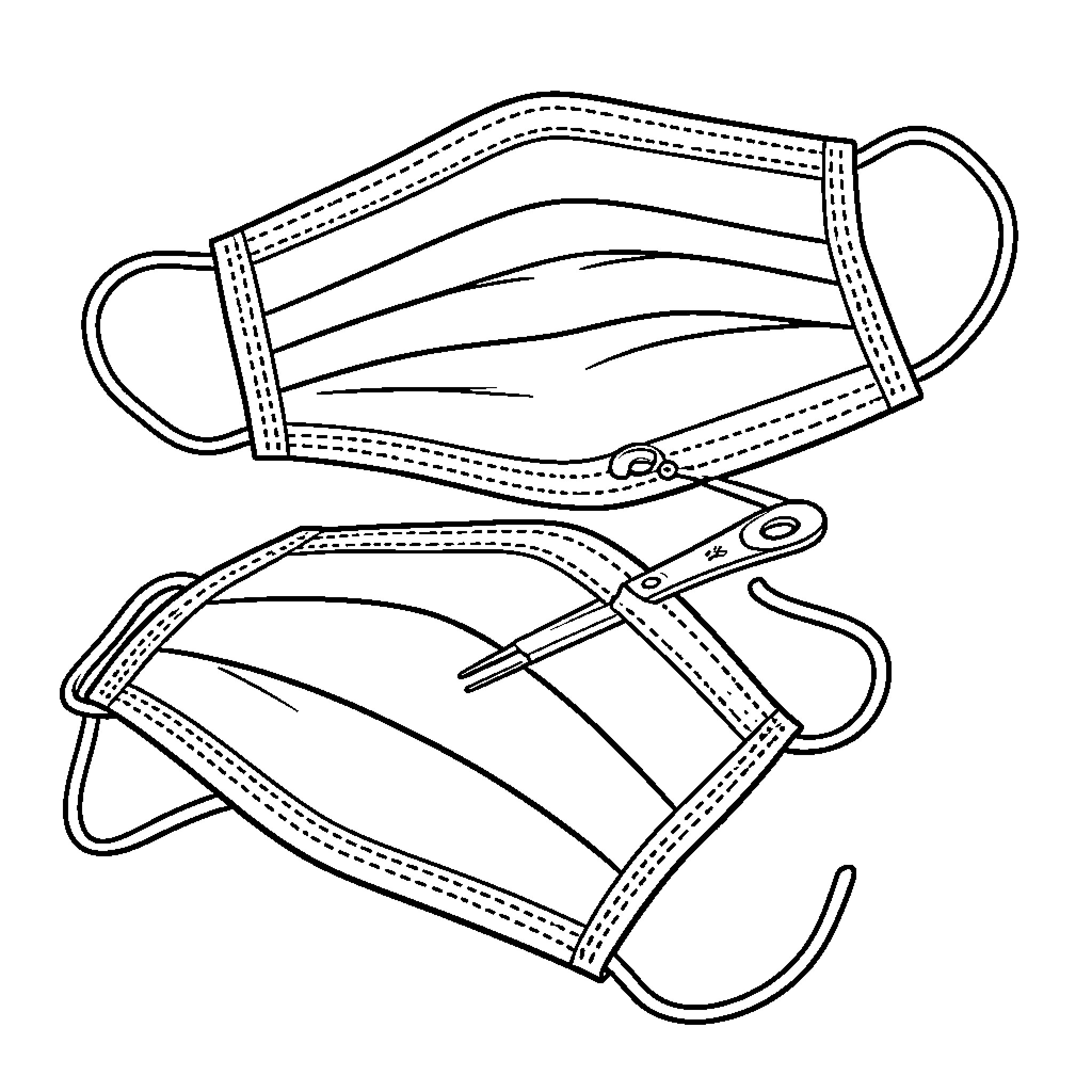 Surgical Mask with scissors nearby Coloring Page (free black-and-white line drawing printable PDF for all, from beginners to advanced learners, including children, teens, adults, and seniors)