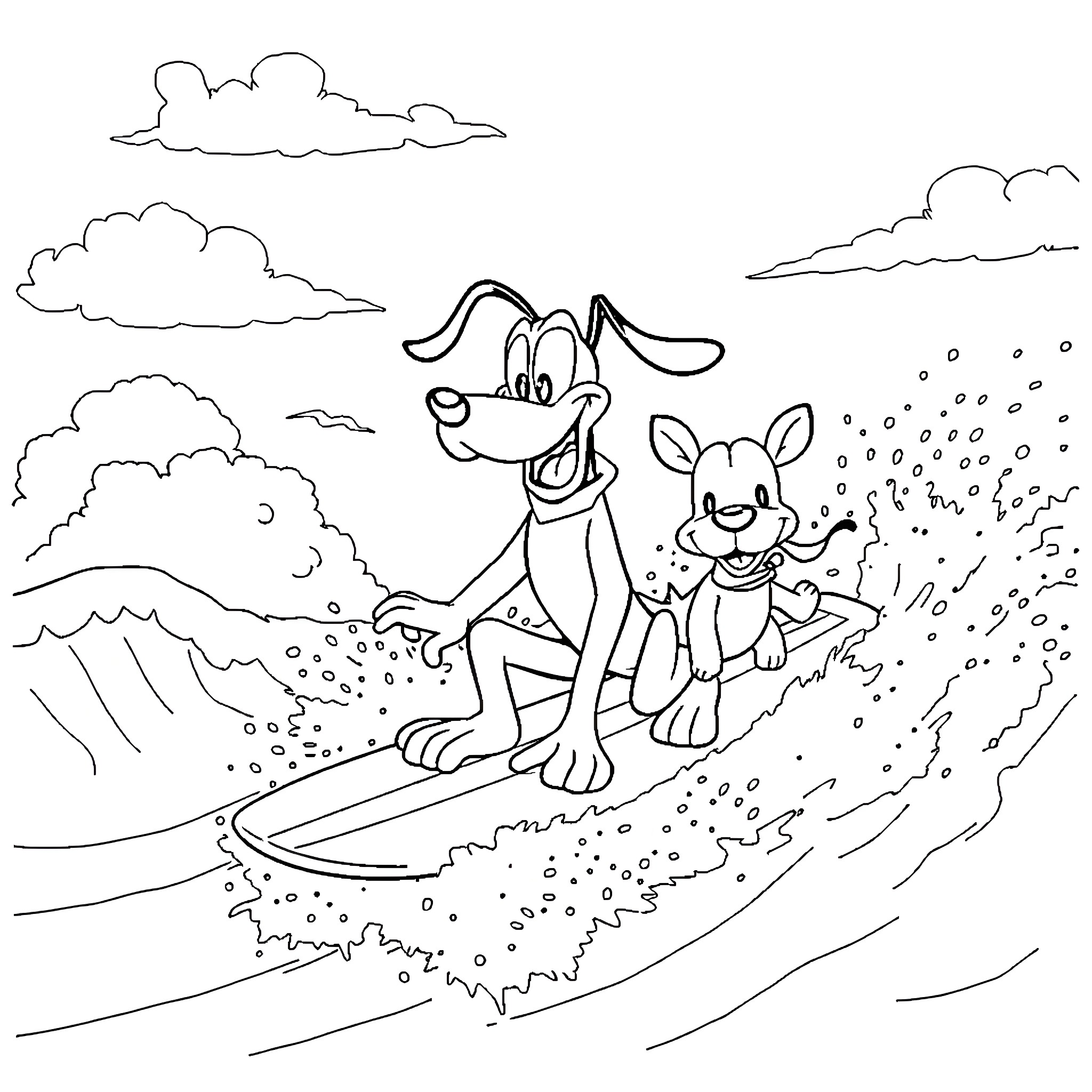 Pluto and Friends Enjoying Outdoor Adventure Coloring Page (free black-and-white line drawing printable PDF for all, from beginners to advanced learners, including children, teens, adults, and seniors)