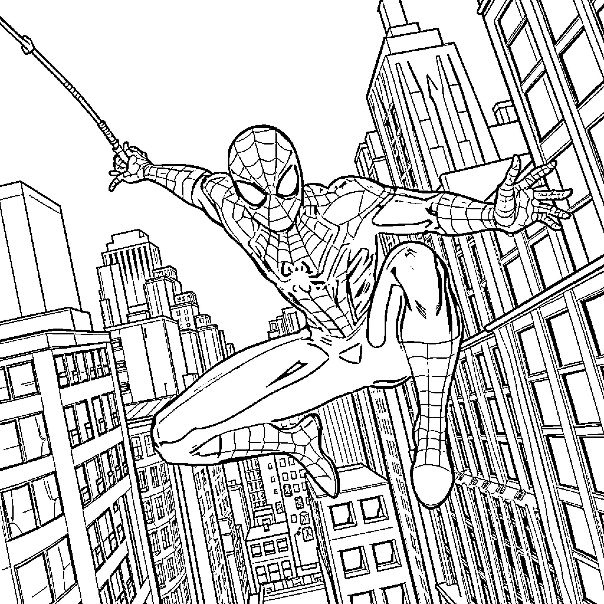 Spiderman swinging heroically through the city skyline Coloring Page (free black-and-white line drawing printable PDF for all, from beginners to advanced learners, including children, teens, adults, and seniors)