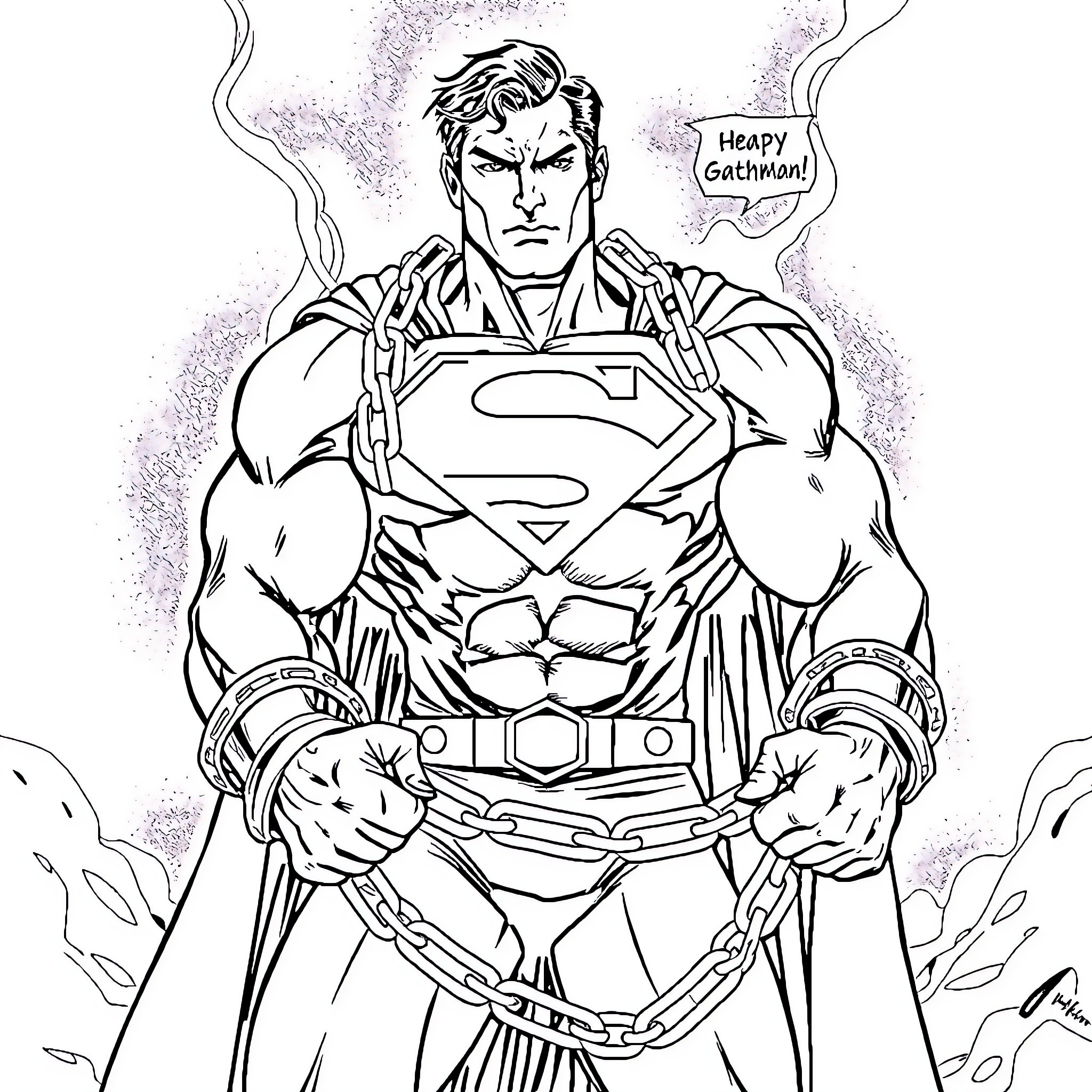 Superman Breaking Free from Chains and Shackles Coloring Page (free black-and-white line drawing printable PDF for all, from beginners to advanced learners, including children, teens, adults, and seniors)