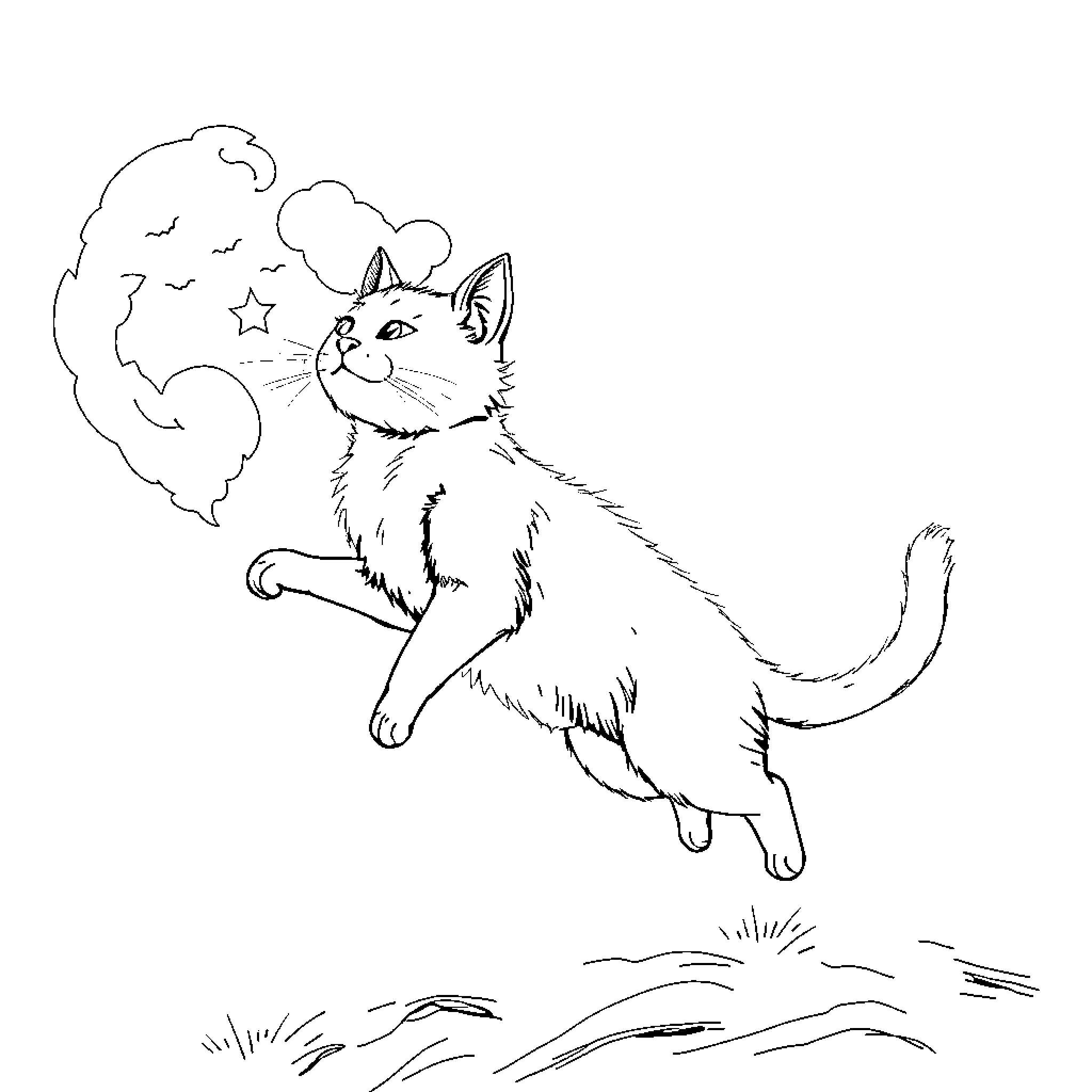 Gato exploring the night sky Coloring Page (free black-and-white line drawing printable PDF for all, from beginners to advanced learners, including children, teens, adults, and seniors)