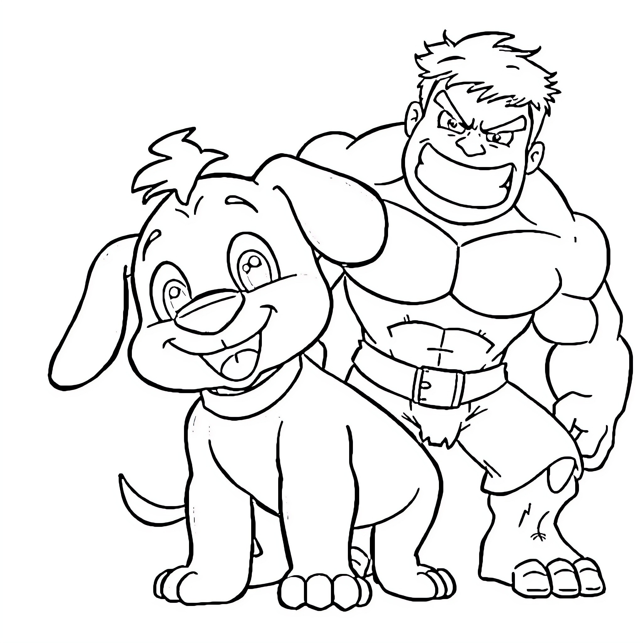 Bluey and his muscular friend in a friendly embrace Coloring Page (free black-and-white line drawing printable PDF for all, from beginners to advanced learners, including children, teens, adults, and seniors)