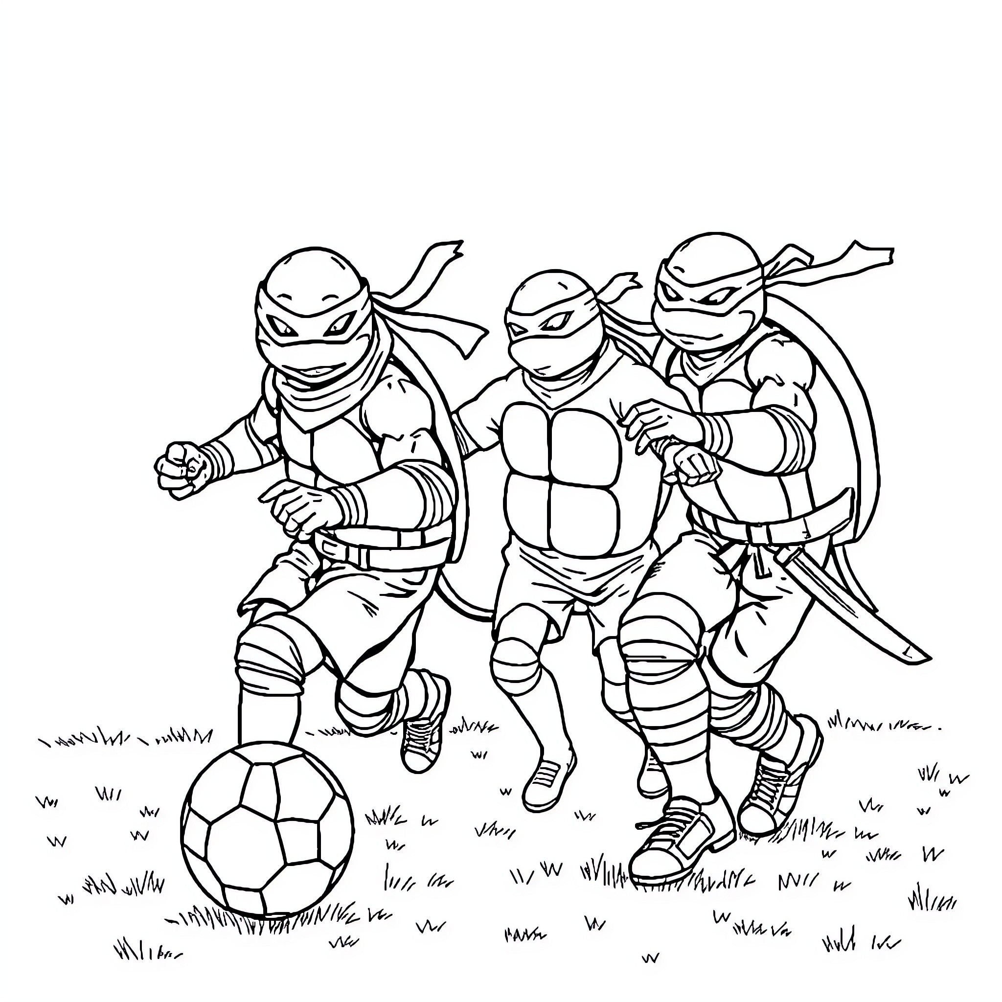 Ninja Turtles playing soccer together Coloring Page (free black-and-white line drawing printable PDF for all, from beginners to advanced learners, including children, teens, adults, and seniors)