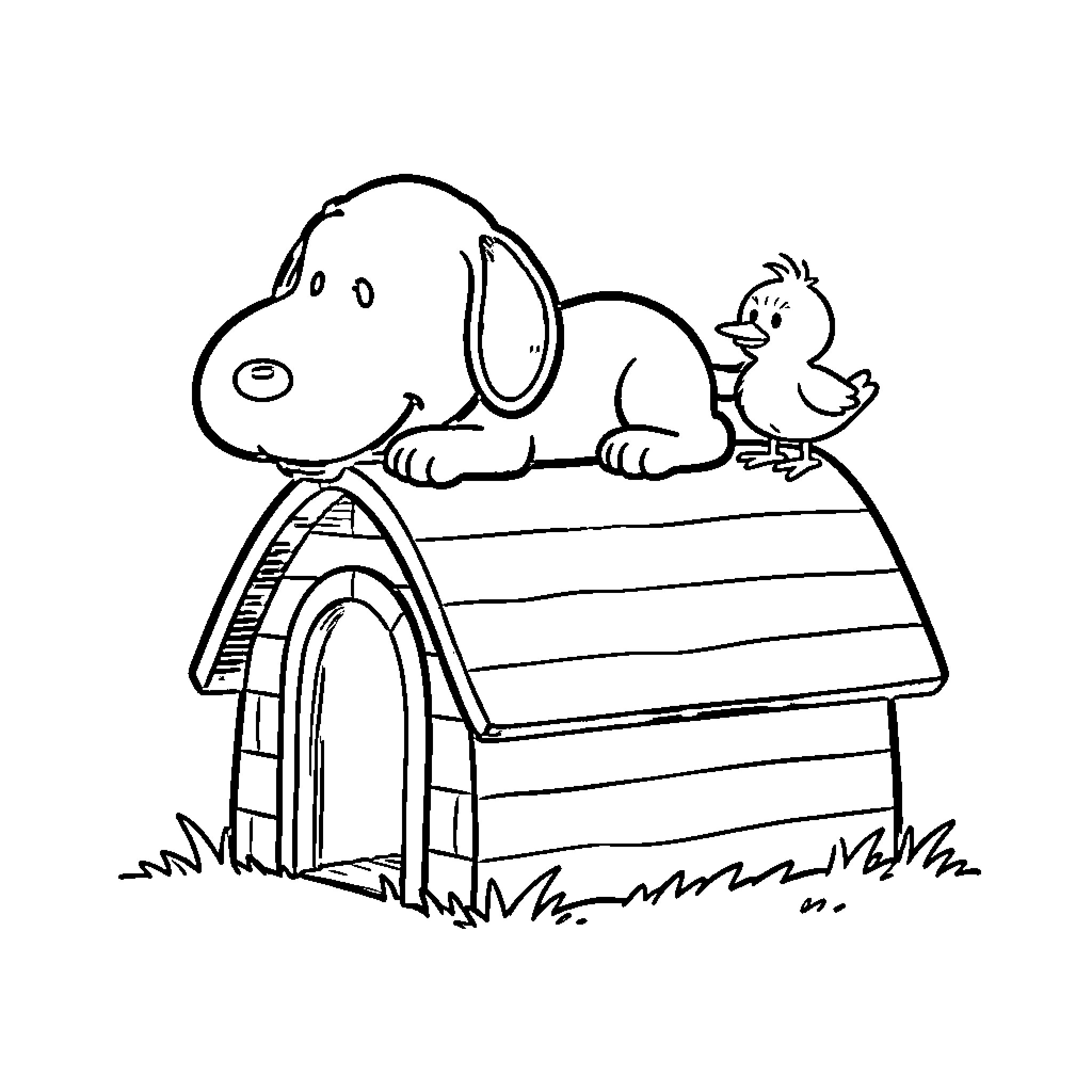 Snoopy resting on a doghouse with a small bird Coloring Page (free black-and-white line drawing printable PDF for all, from beginners to advanced learners, including children, teens, adults, and seniors)