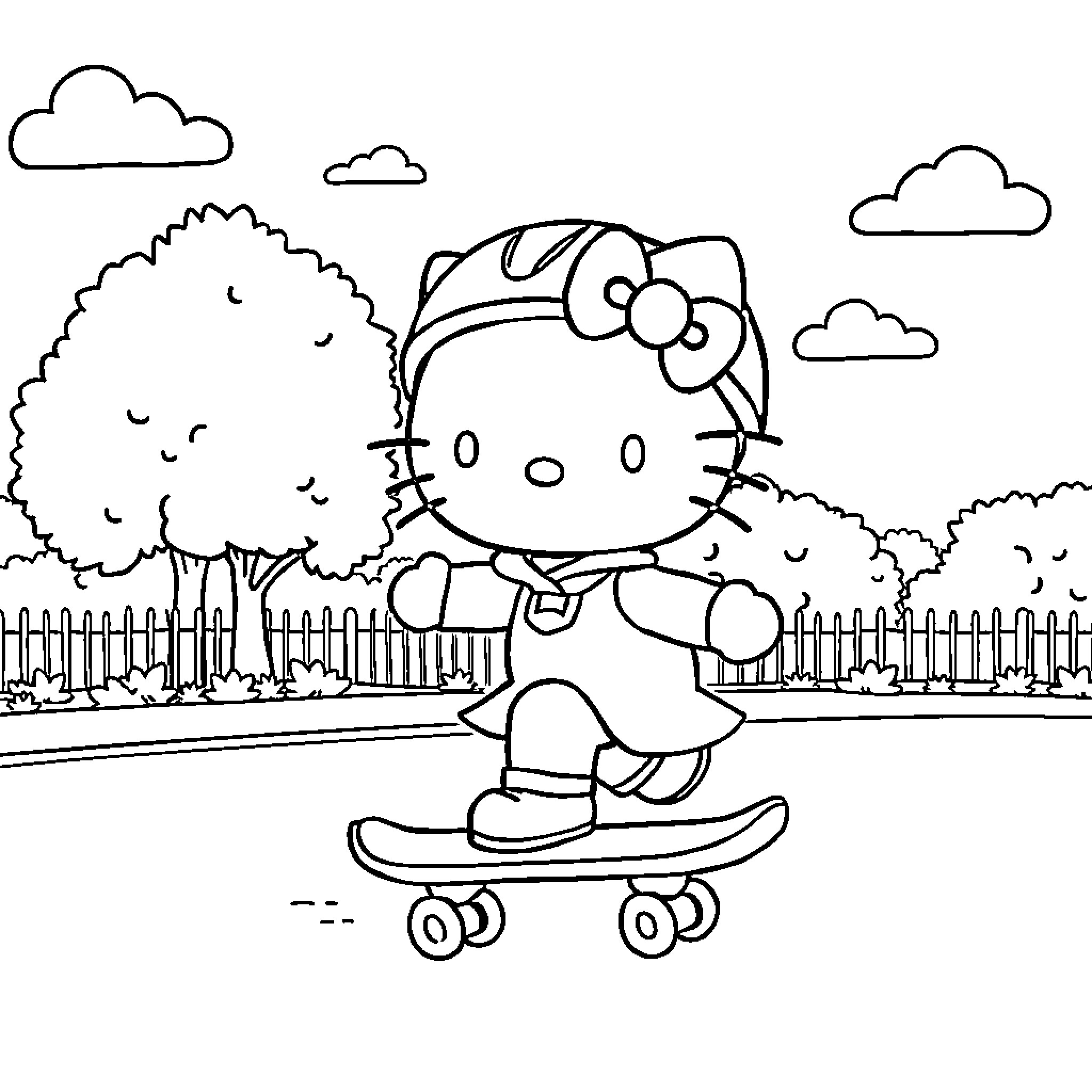 Hello Kitty skateboarding in the park Coloring Page (free black-and-white line drawing printable PDF for all, from beginners to advanced learners, including children, teens, adults, and seniors)