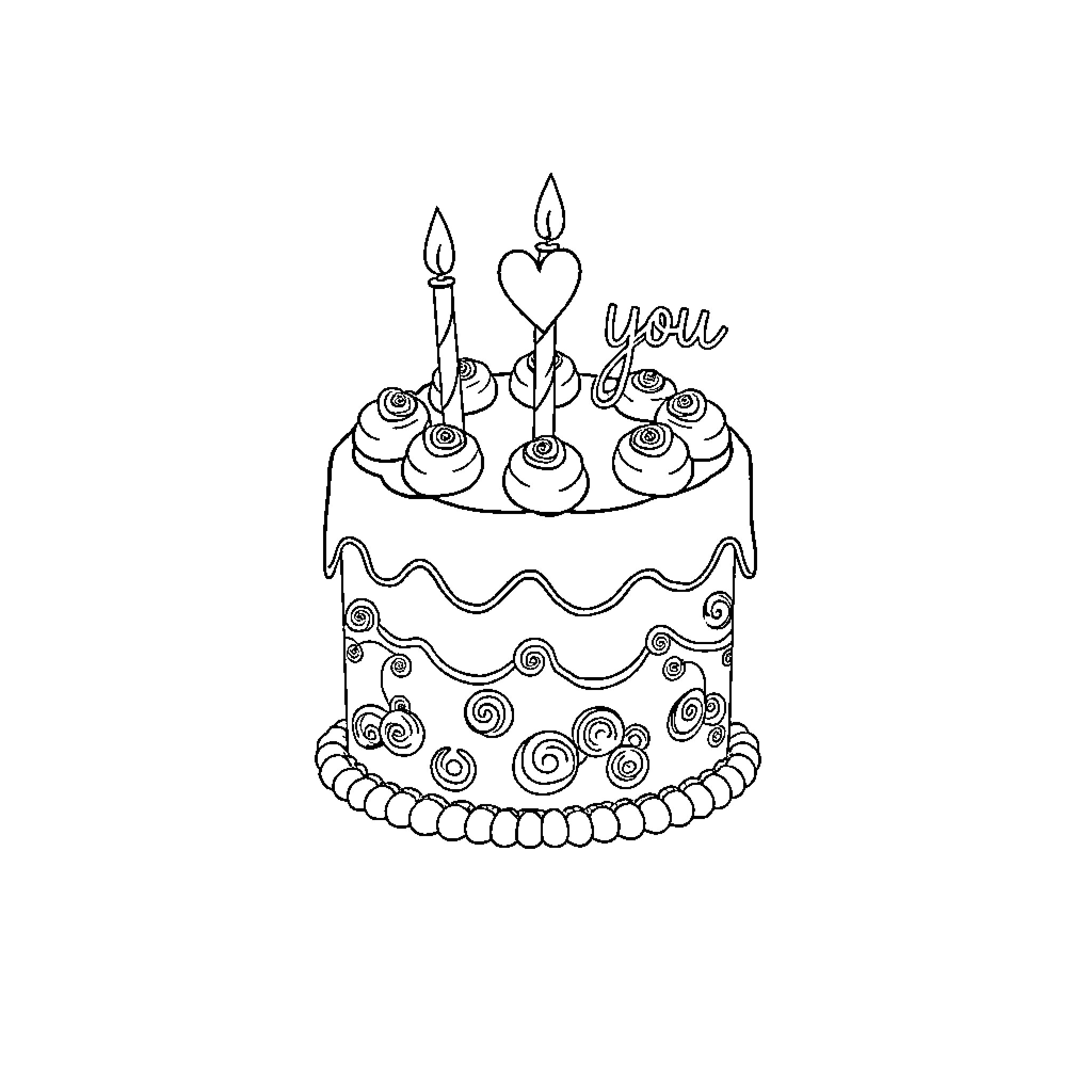 Birthday Cake with Loving Message and Decorations Coloring Page (free black-and-white line drawing printable PDF for all, from beginners to advanced learners, including children, teens, adults, and seniors)