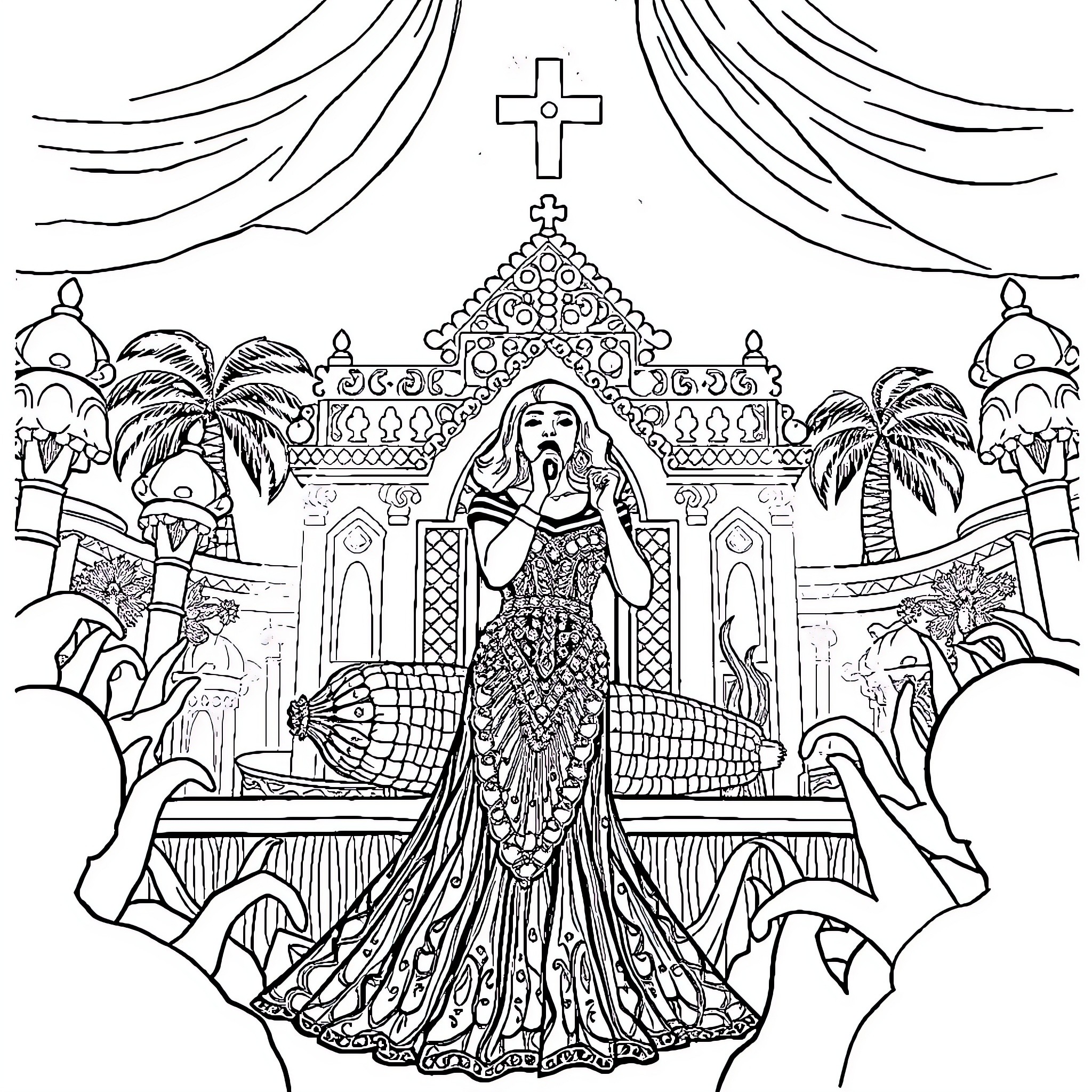Lady Gaga's Elaborate Costume Amid Ornate Religious Backdrop Coloring Page (free black-and-white line drawing printable PDF for all, from beginners to advanced learners, including children, teens, adults, and seniors)