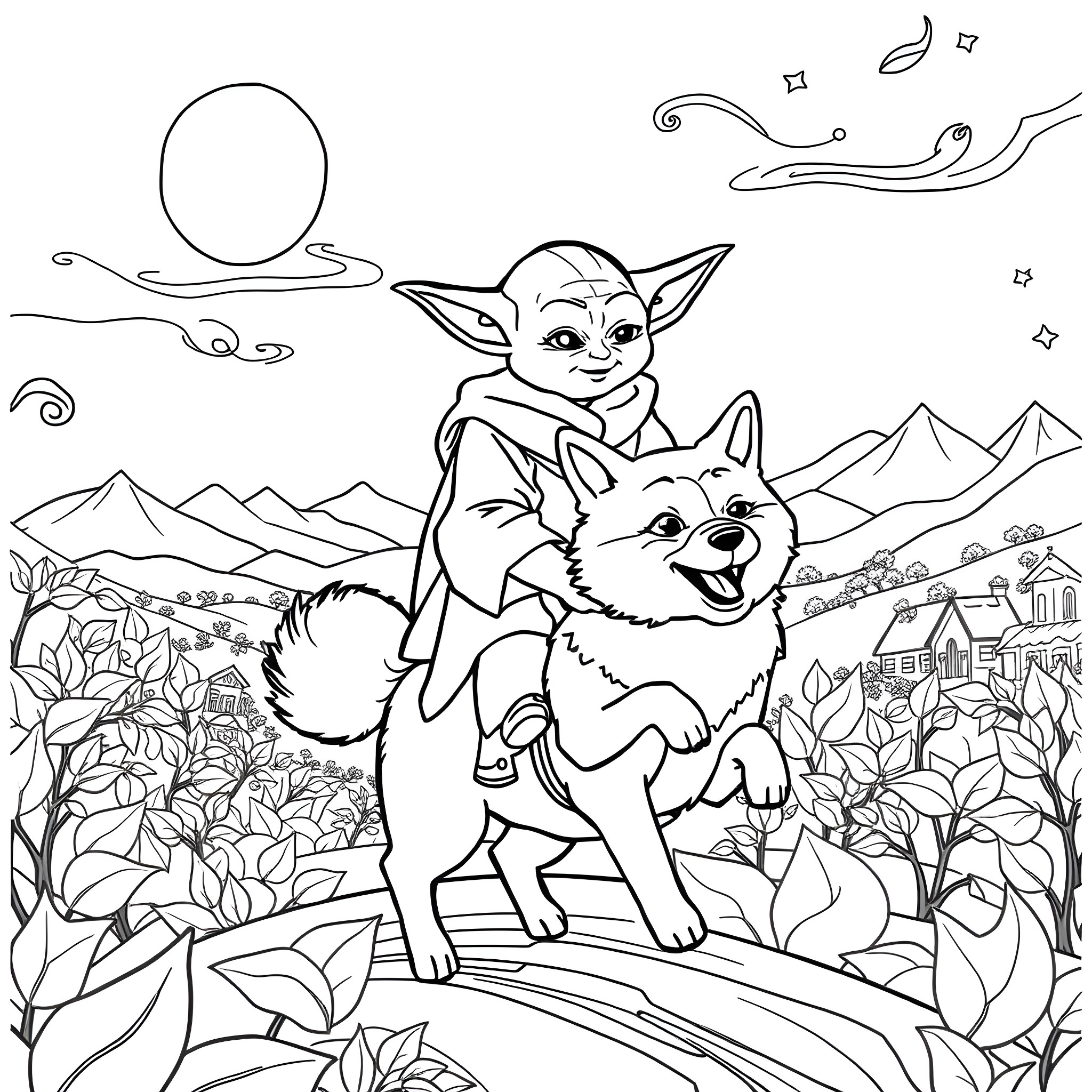 Yoda riding a cheerful wolf companion in a mystical landscape Coloring Page (free black-and-white line drawing printable PDF for all, from beginners to advanced learners, including children, teens, adults, and seniors)