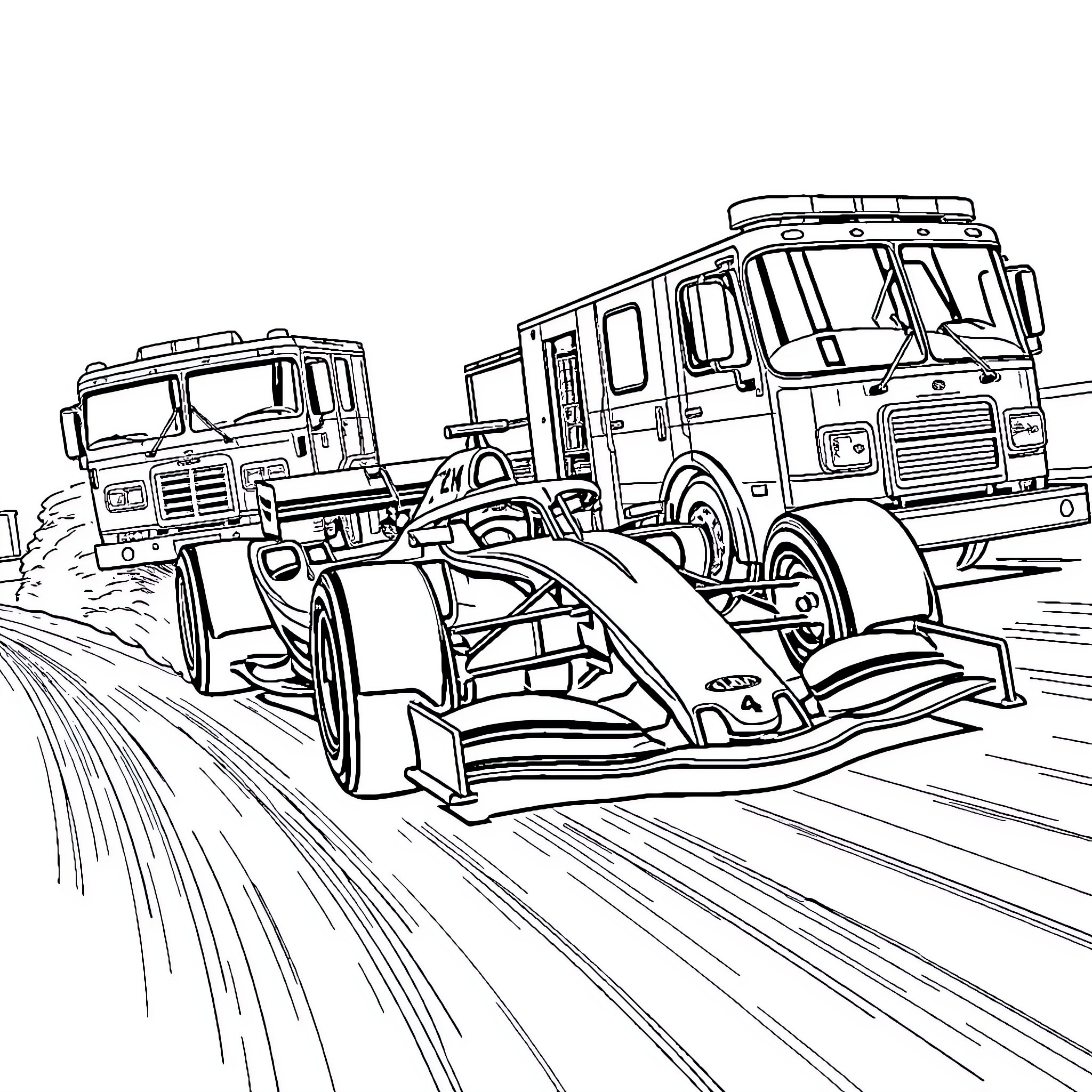 Formula One Car Racing on the Track Coloring Page (free black-and-white line drawing printable PDF for all, from beginners to advanced learners, including children, teens, adults, and seniors)