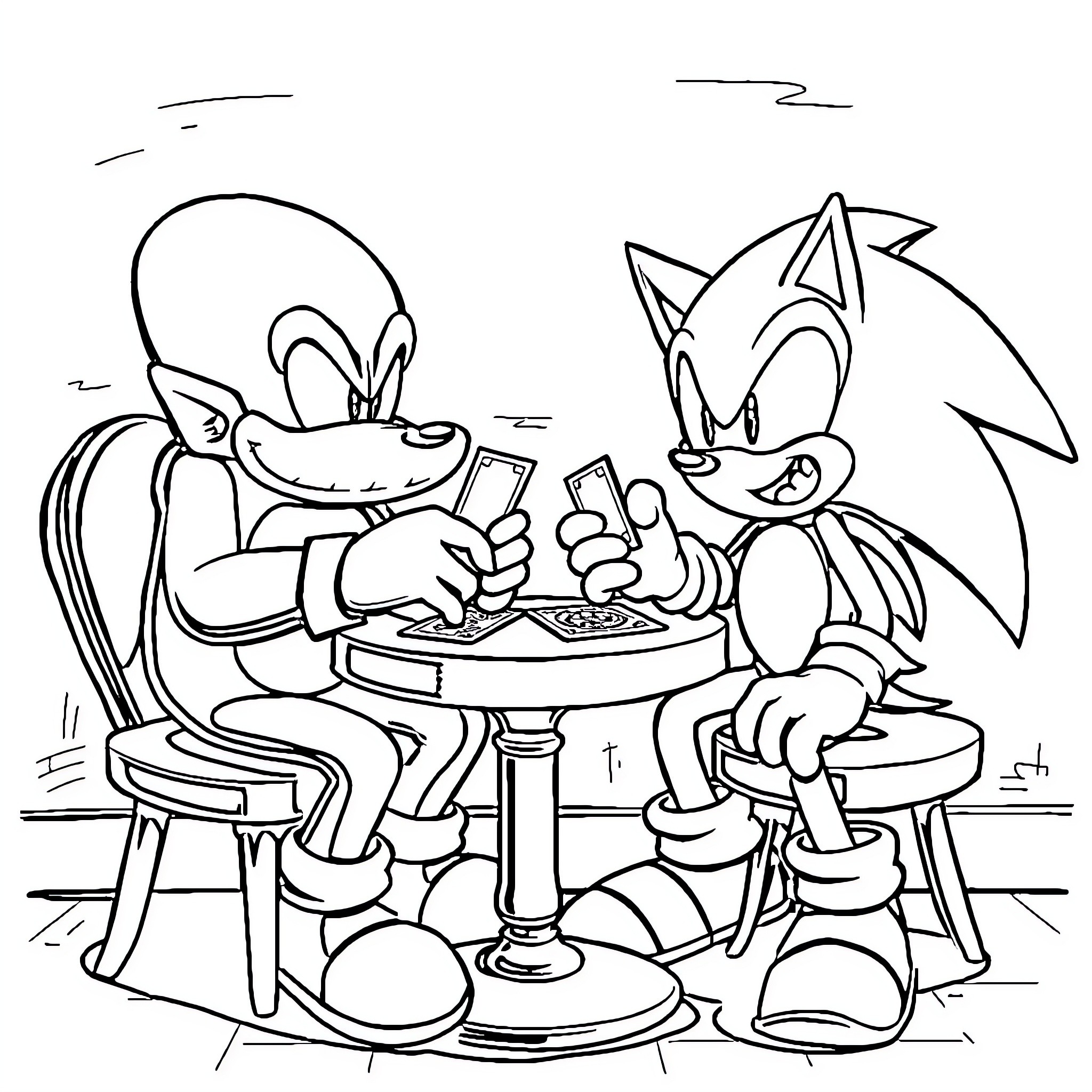 Eggman and Sonic enjoying a game together Coloring Page (free black-and-white line drawing printable PDF for all, from beginners to advanced learners, including children, teens, adults, and seniors)