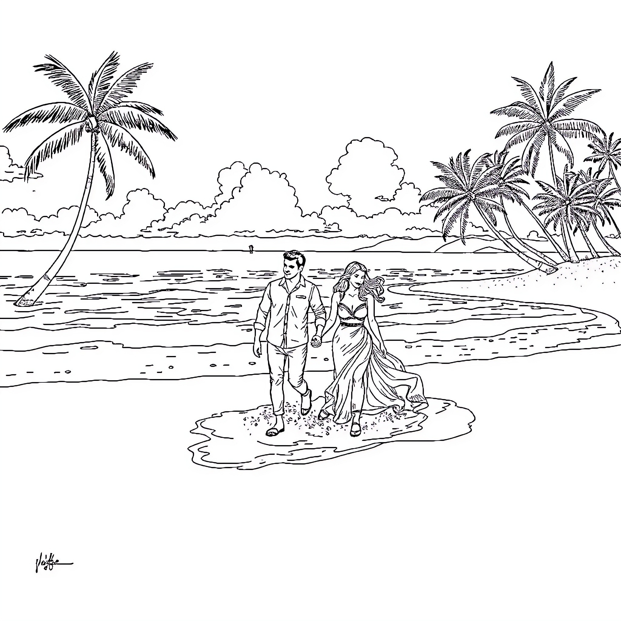 Lovers strolling along the tropical beach Coloring Page (free black-and-white line drawing printable PDF for all, from beginners to advanced learners, including children, teens, adults, and seniors)