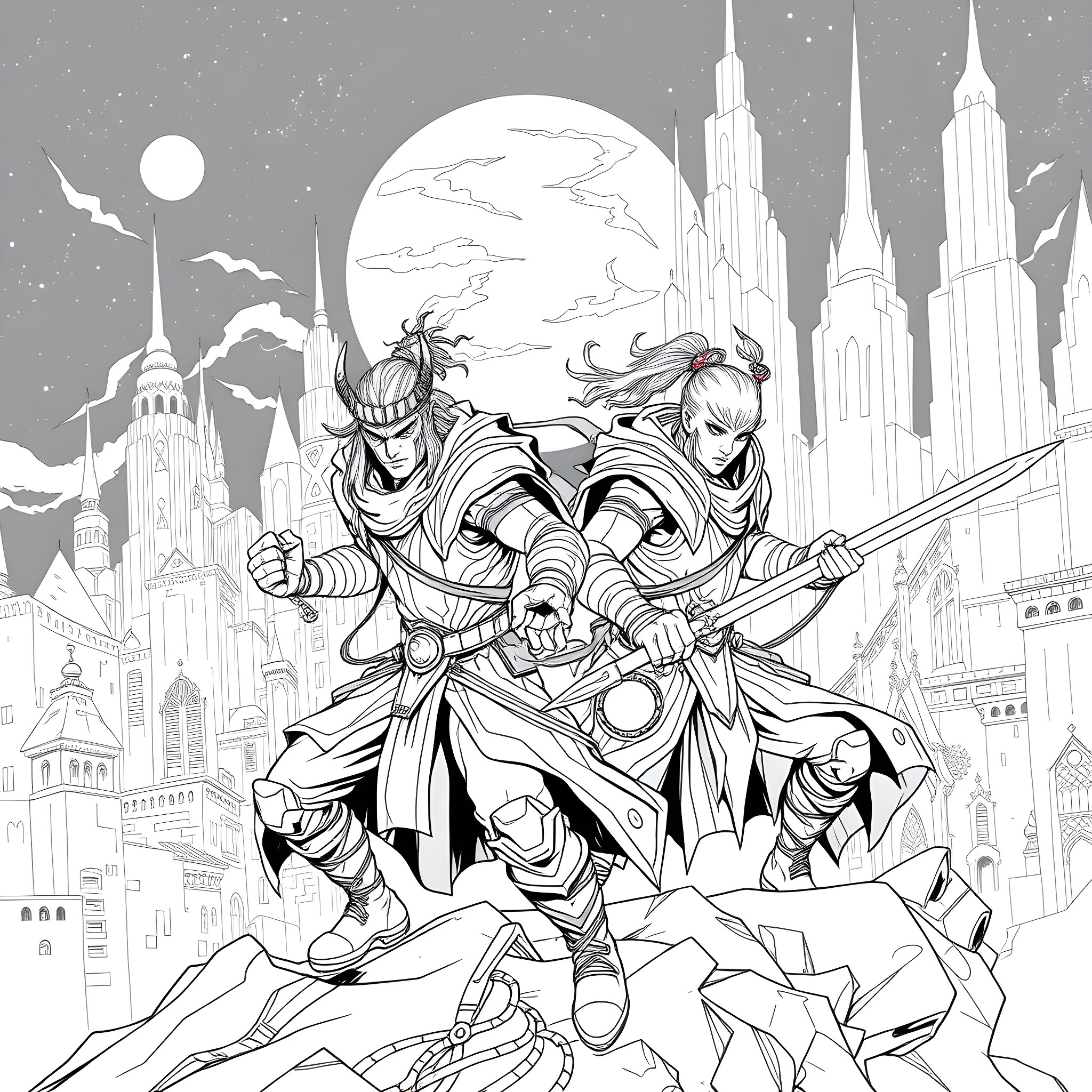 Dragon Warriors Protecting the Majestic City Coloring Page (free black-and-white line drawing printable PDF for all, from beginners to advanced learners, including children, teens, adults, and seniors)