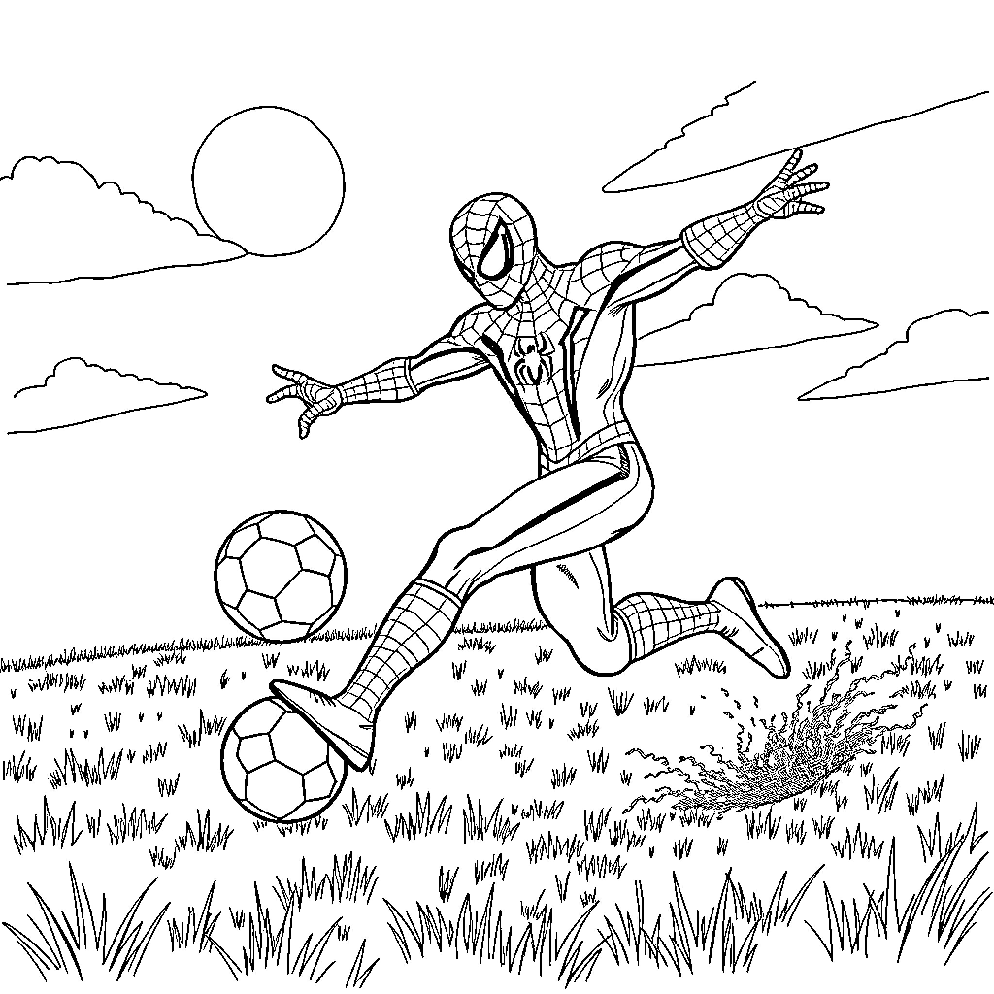 Spider-Man playing soccer in a grassy field Coloring Page (free black-and-white line drawing printable PDF for all, from beginners to advanced learners, including children, teens, adults, and seniors)