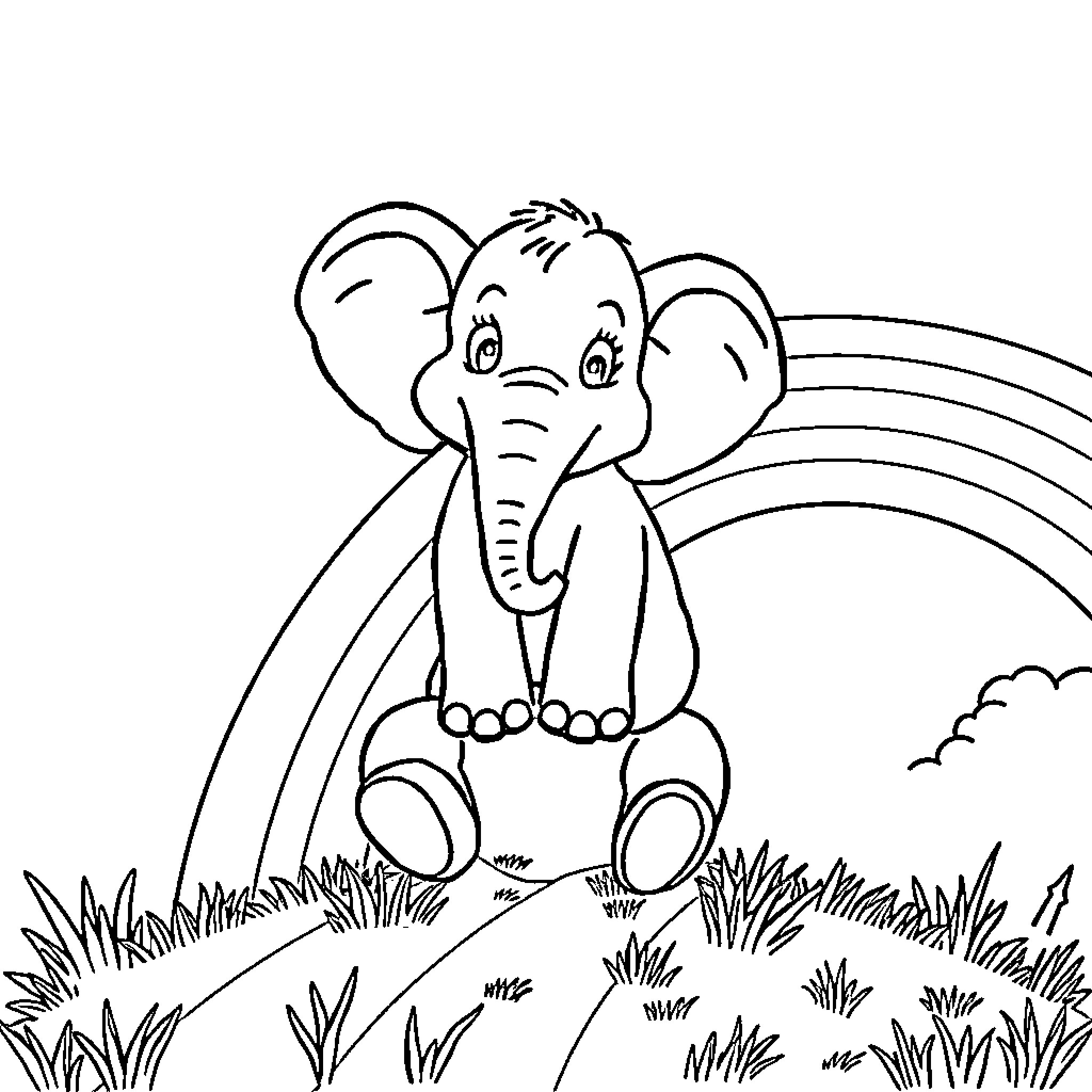 Elephant in a grassy field with rainbow Coloring Page (free black-and-white line drawing printable PDF for all, from beginners to advanced learners, including children, teens, adults, and seniors)