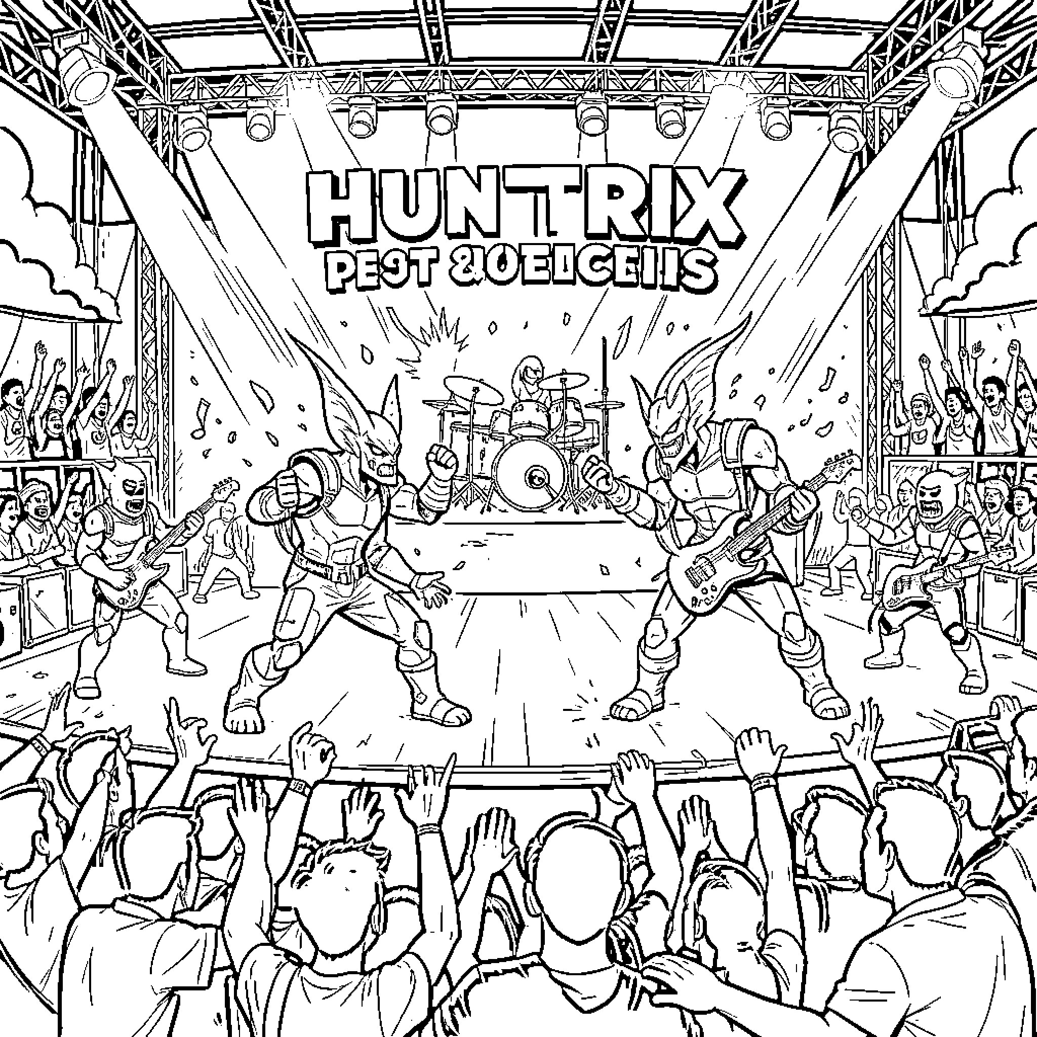 Huntrix band performing energetic concert on a large stage Coloring Page (free black-and-white line drawing printable PDF for all, from beginners to advanced learners, including children, teens, adults, and seniors)