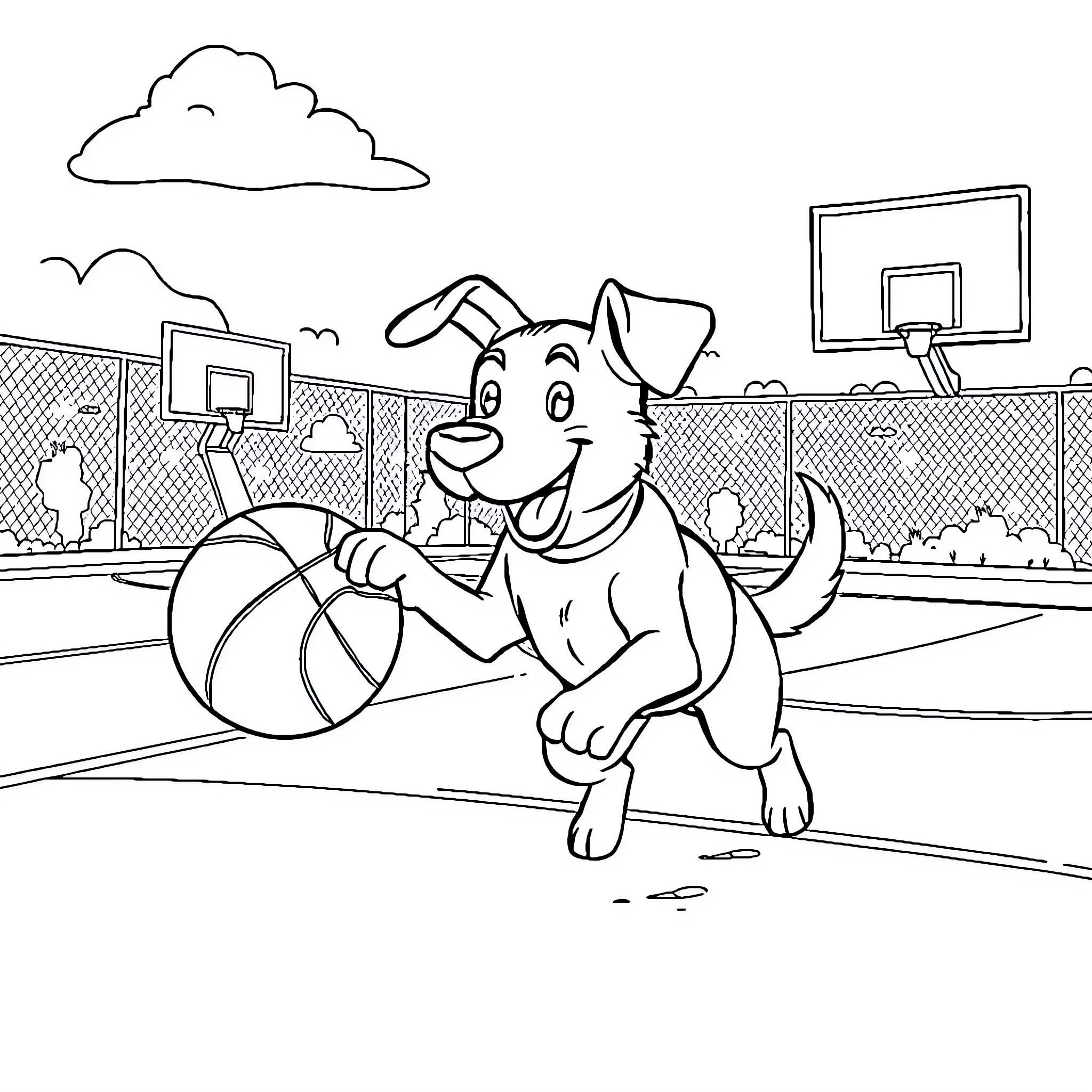 Dog playing happily with basketball on court Coloring Page (free black-and-white line drawing printable PDF for all, from beginners to advanced learners, including children, teens, adults, and seniors)