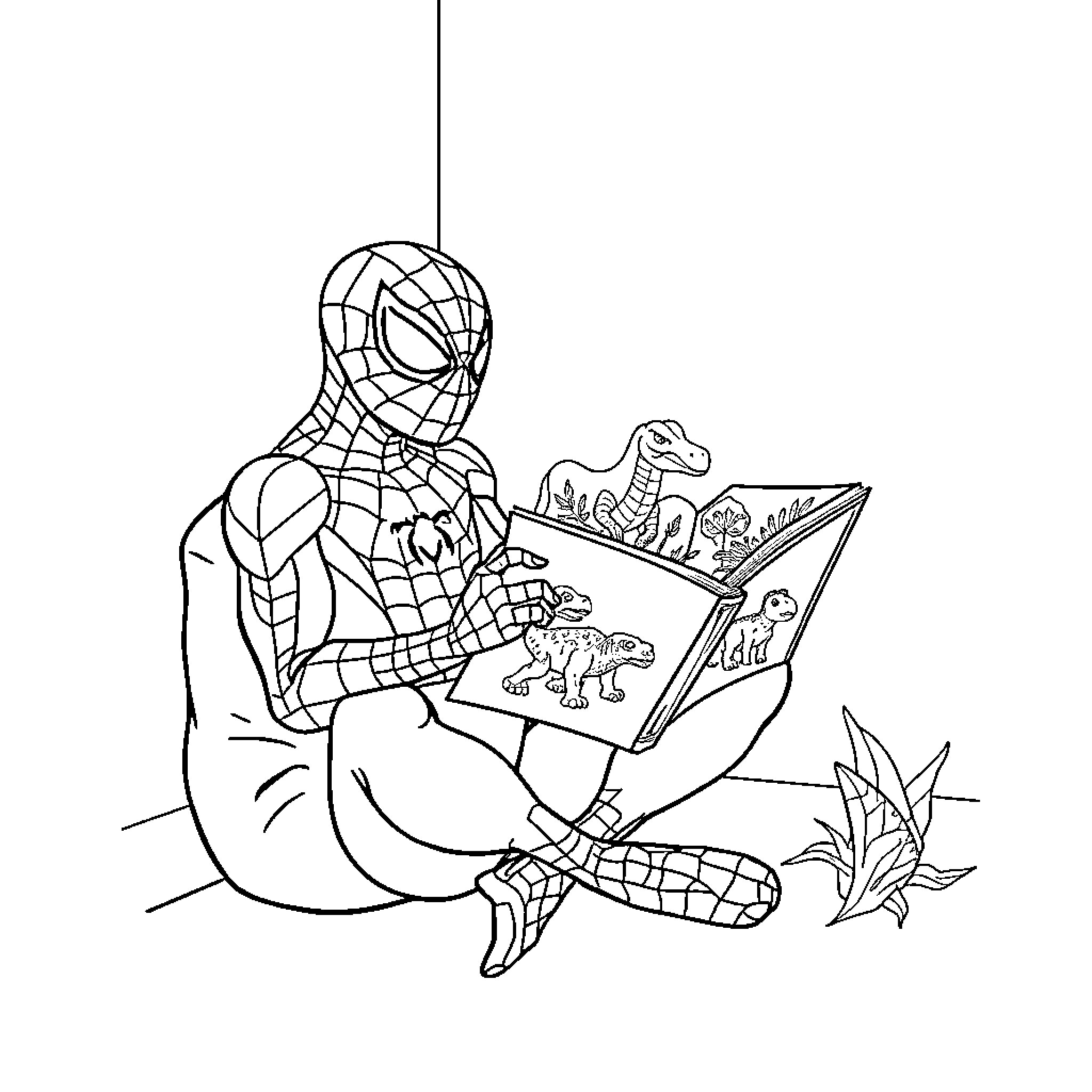 Spidey reading a dinosaur storybook Coloring Page (free black-and-white line drawing printable PDF for all, from beginners to advanced learners, including children, teens, adults, and seniors)