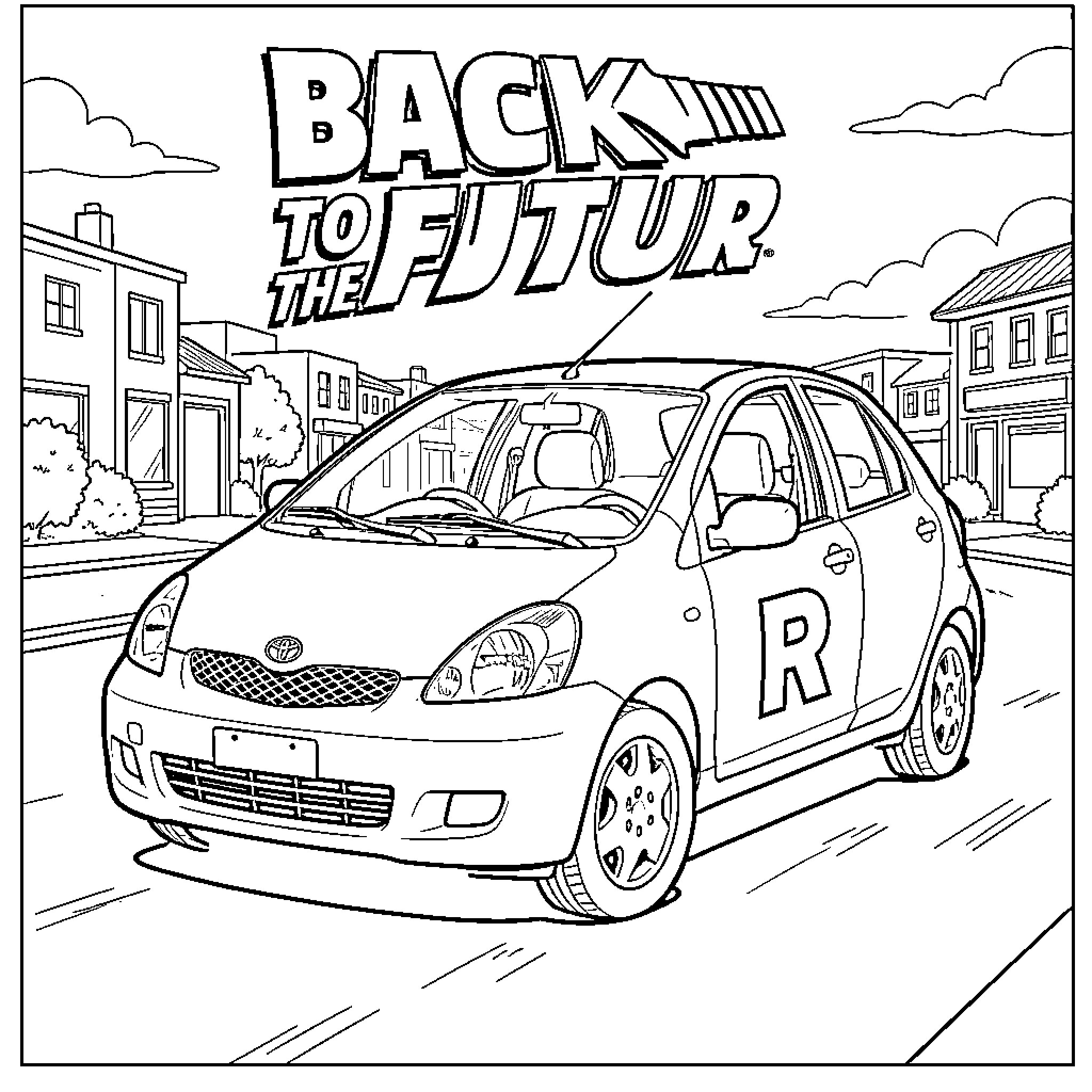 Toyota Yaris driving past city buildings with movie logo Coloring Page (free black-and-white line drawing printable PDF for all, from beginners to advanced learners, including children, teens, adults, and seniors)