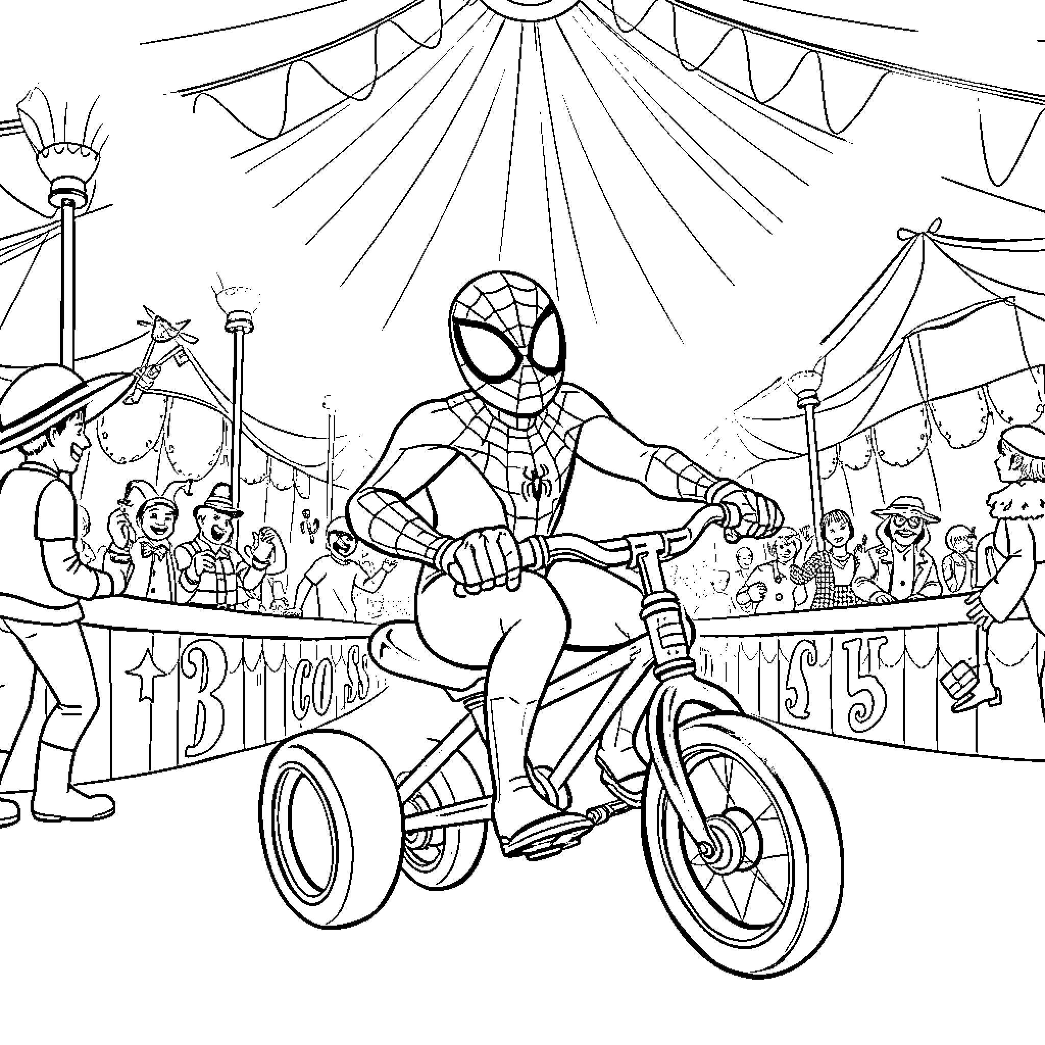 Spider-Man Performs Stunts at the Circus Coloring Page (free black-and-white line drawing printable PDF for all, from beginners to advanced learners, including children, teens, adults, and seniors)