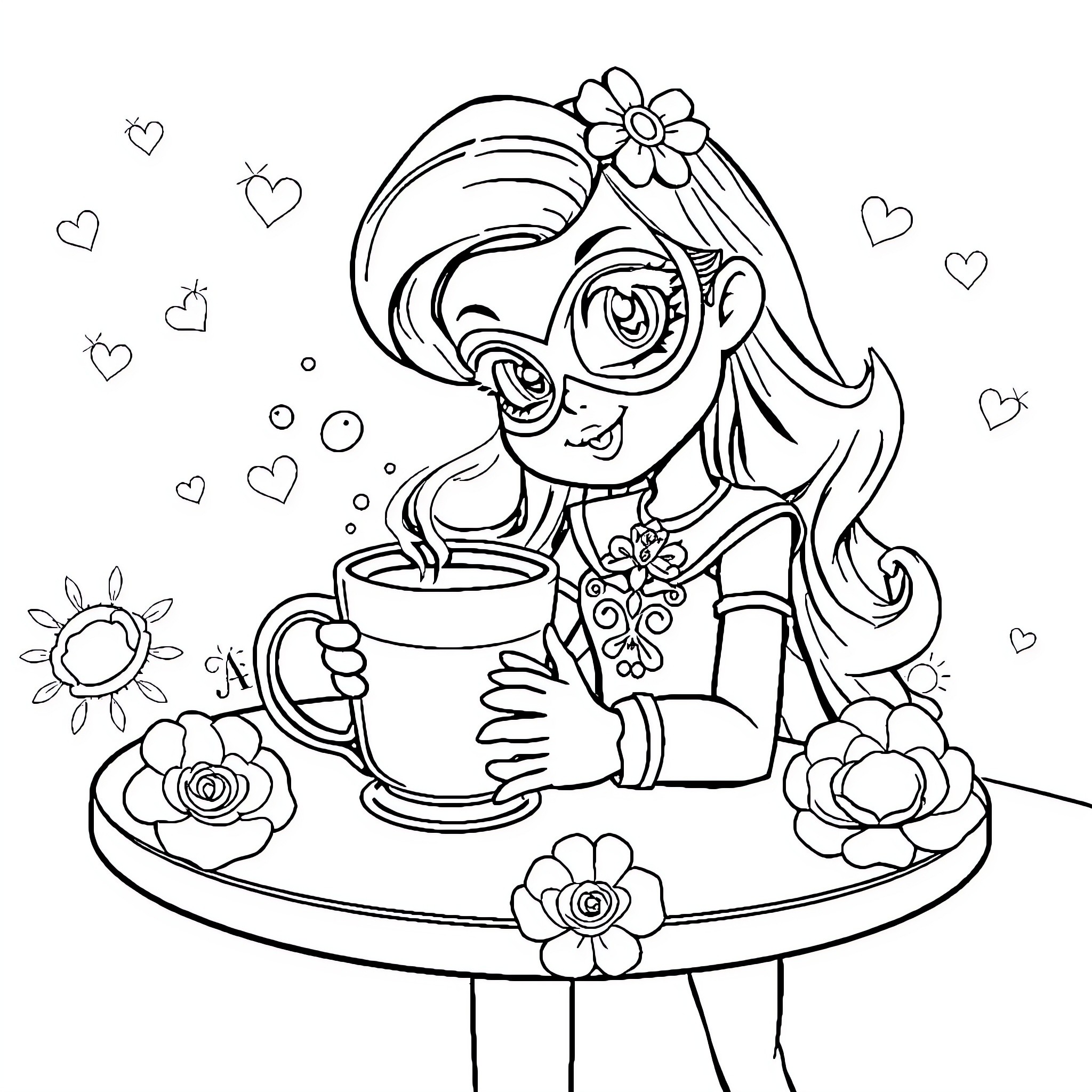 Super Girl Enjoys a Hot Beverage in a Whimsical Setting Coloring Page (free black-and-white line drawing printable PDF for all, from beginners to advanced learners, including children, teens, adults, and seniors)