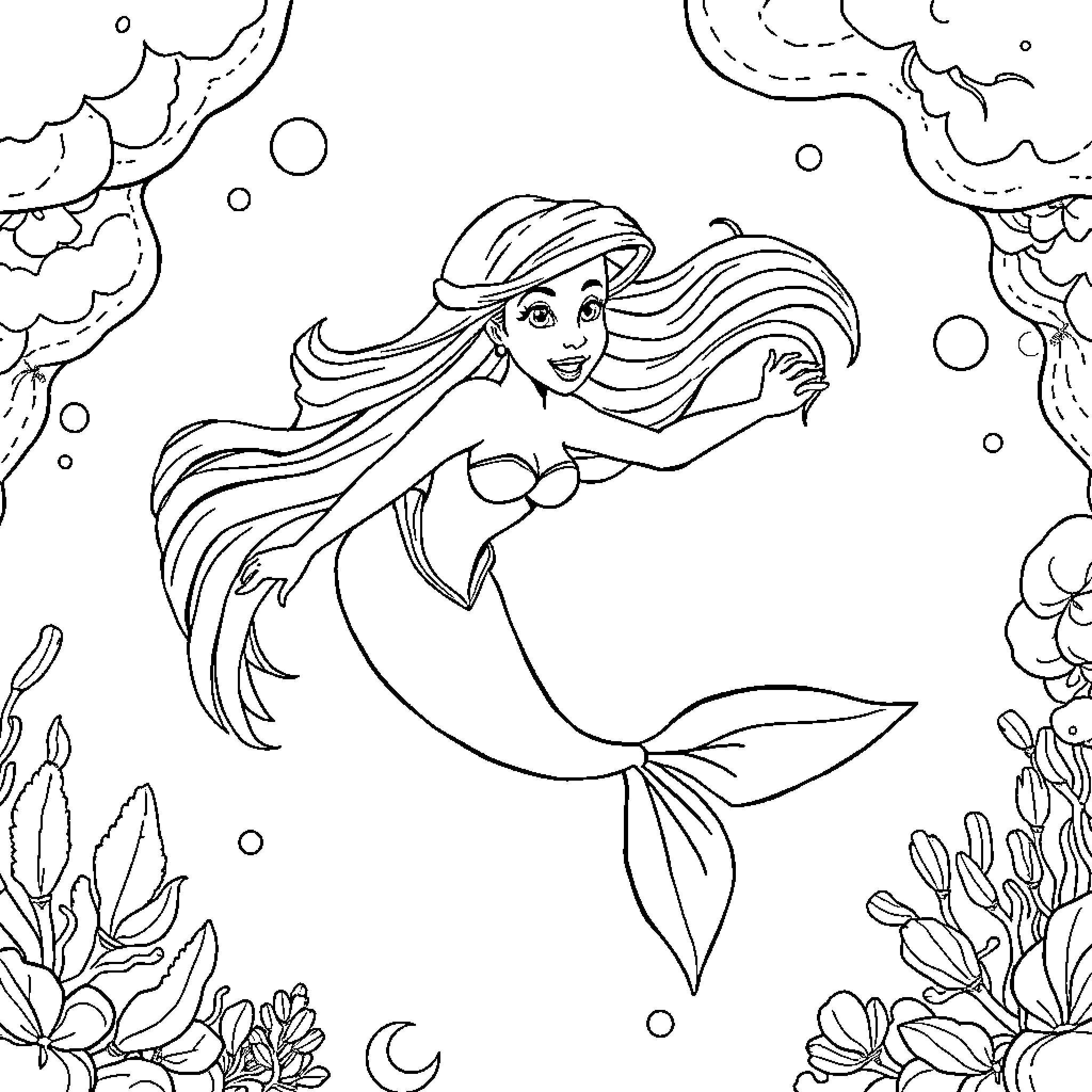 Ariel the Mermaid Swimming in the Sea Coloring Page (free black-and-white line drawing printable PDF for all, from beginners to advanced learners, including children, teens, adults, and seniors)