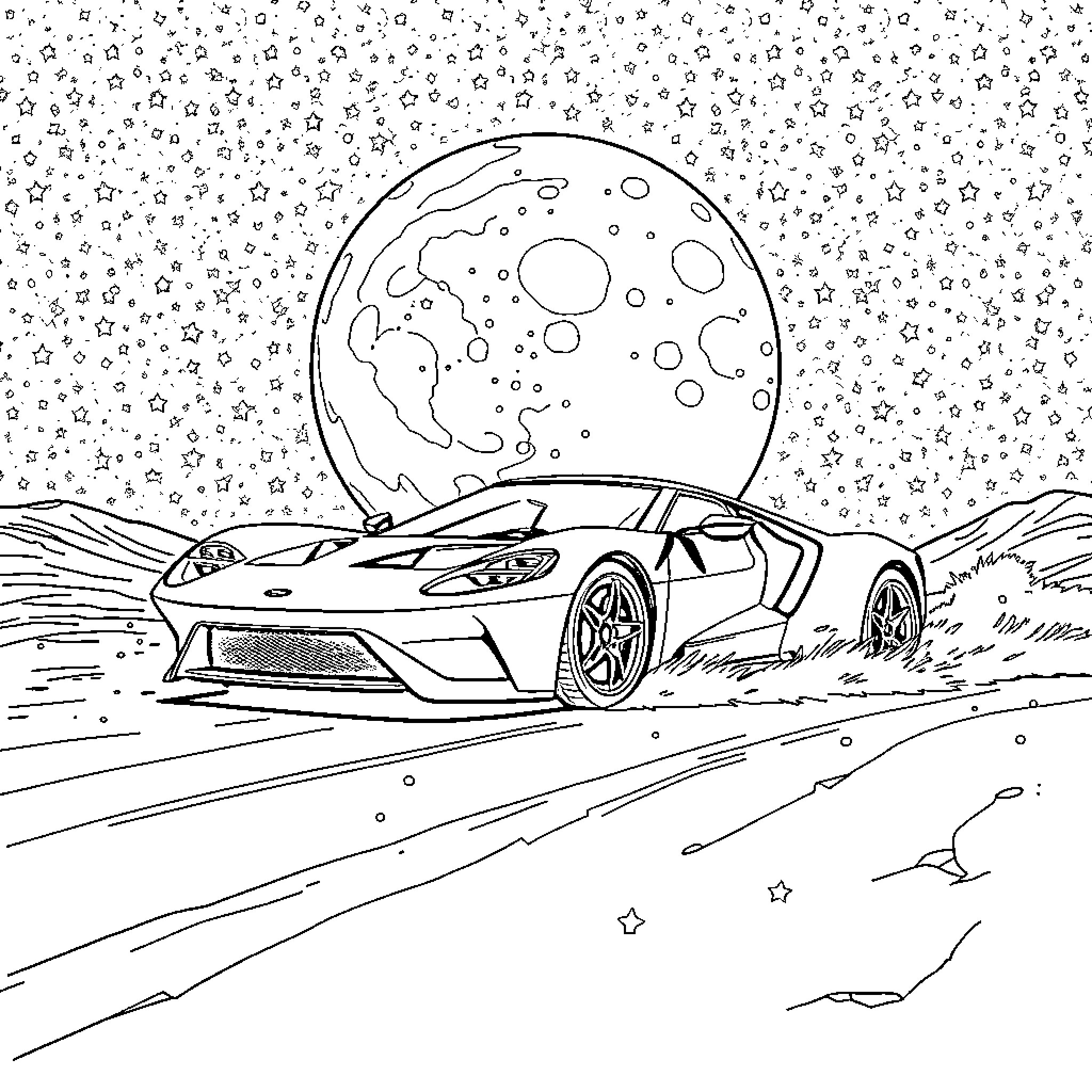 Ford GT racing under the moonlit sky Coloring Page (free black-and-white line drawing printable PDF for all, from beginners to advanced learners, including children, teens, adults, and seniors)
