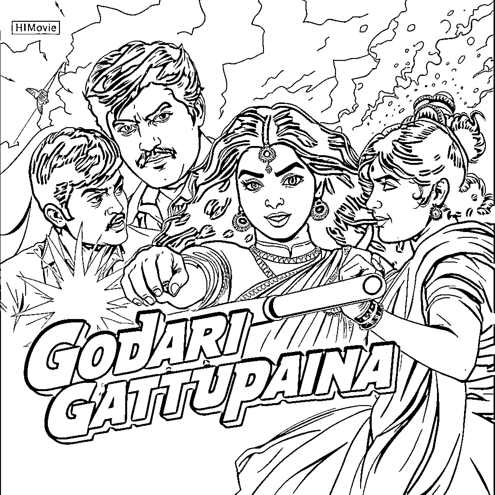 Godari Gattupaina characters with intense and dramatic expressions Coloring Page (free black-and-white line drawing printable PDF for all, from beginners to advanced learners, including children, teens, adults, and seniors)