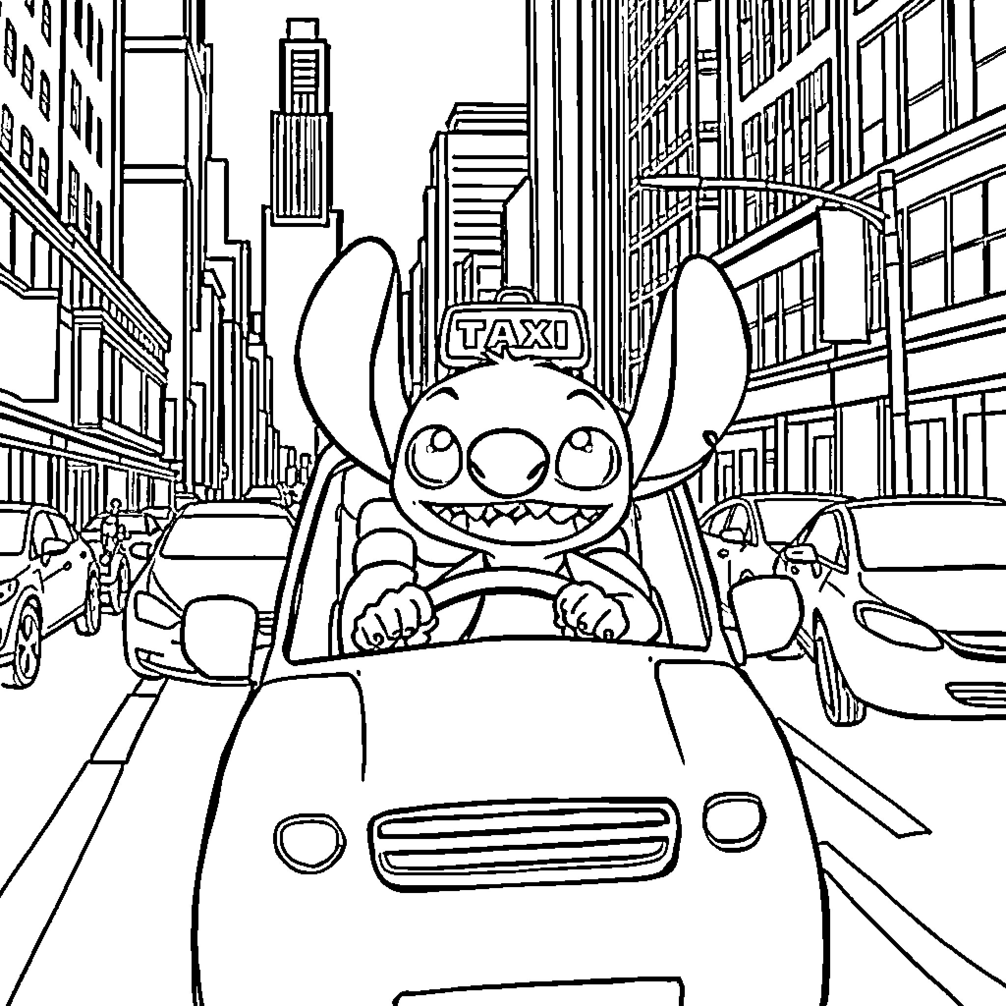 Stitch exploring the bustling city in a taxi Coloring Page (free black-and-white line drawing printable PDF for all, from beginners to advanced learners, including children, teens, adults, and seniors)