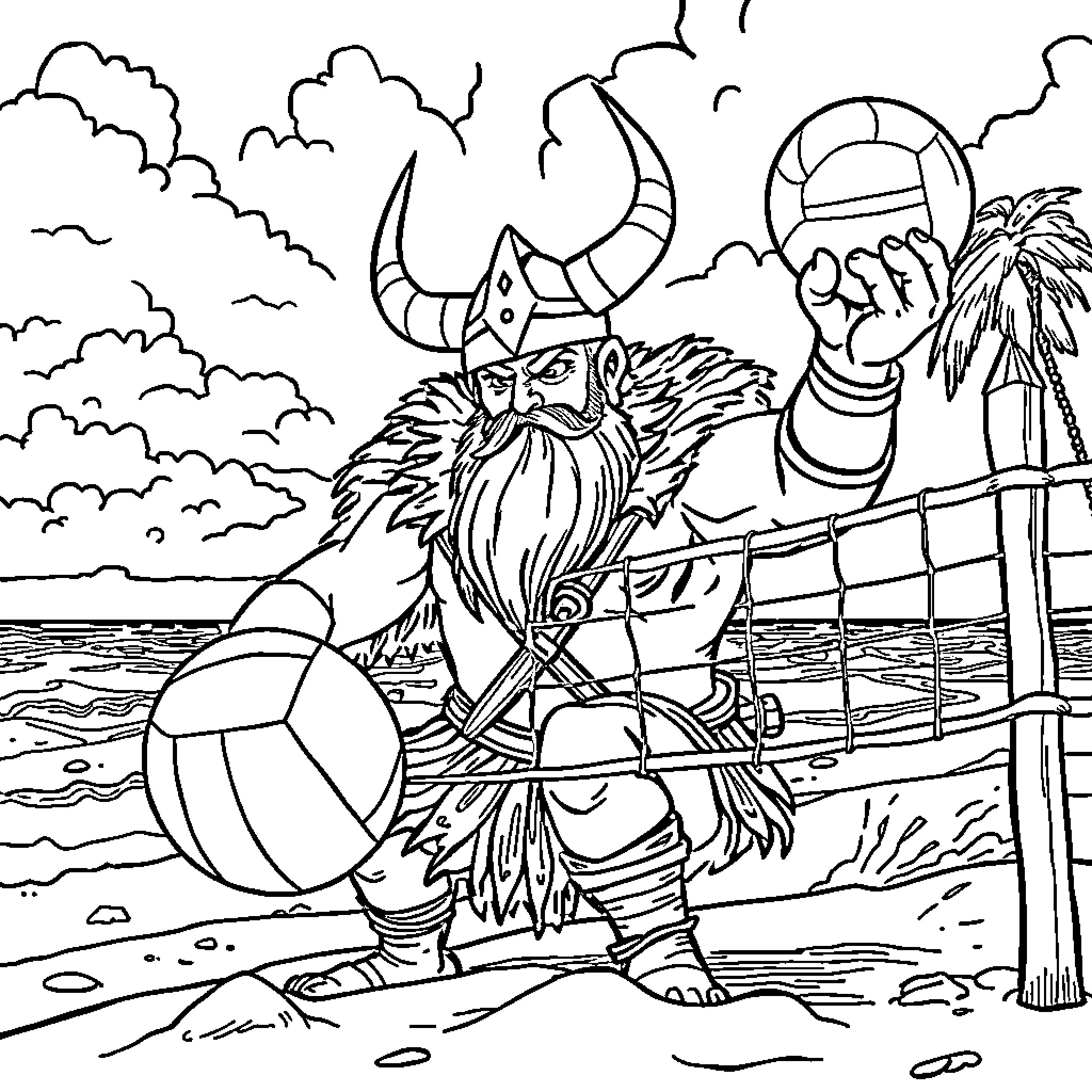 Viking playing volleyball on the beach Coloring Page (free black-and-white line drawing printable PDF for all, from beginners to advanced learners, including children, teens, adults, and seniors)