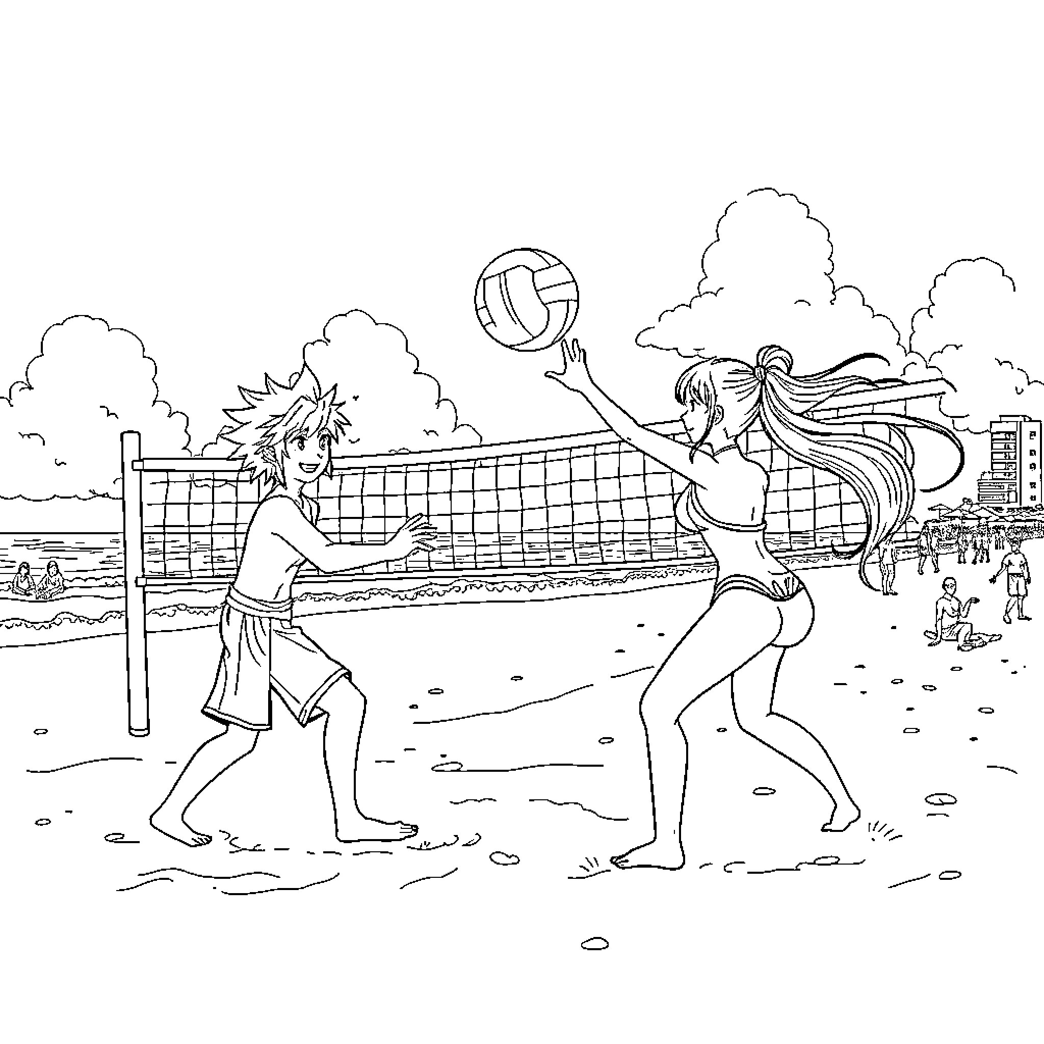 Cloud Volleyball Game at the Beach Coloring Page (free black-and-white line drawing printable PDF for all, from beginners to advanced learners, including children, teens, adults, and seniors)