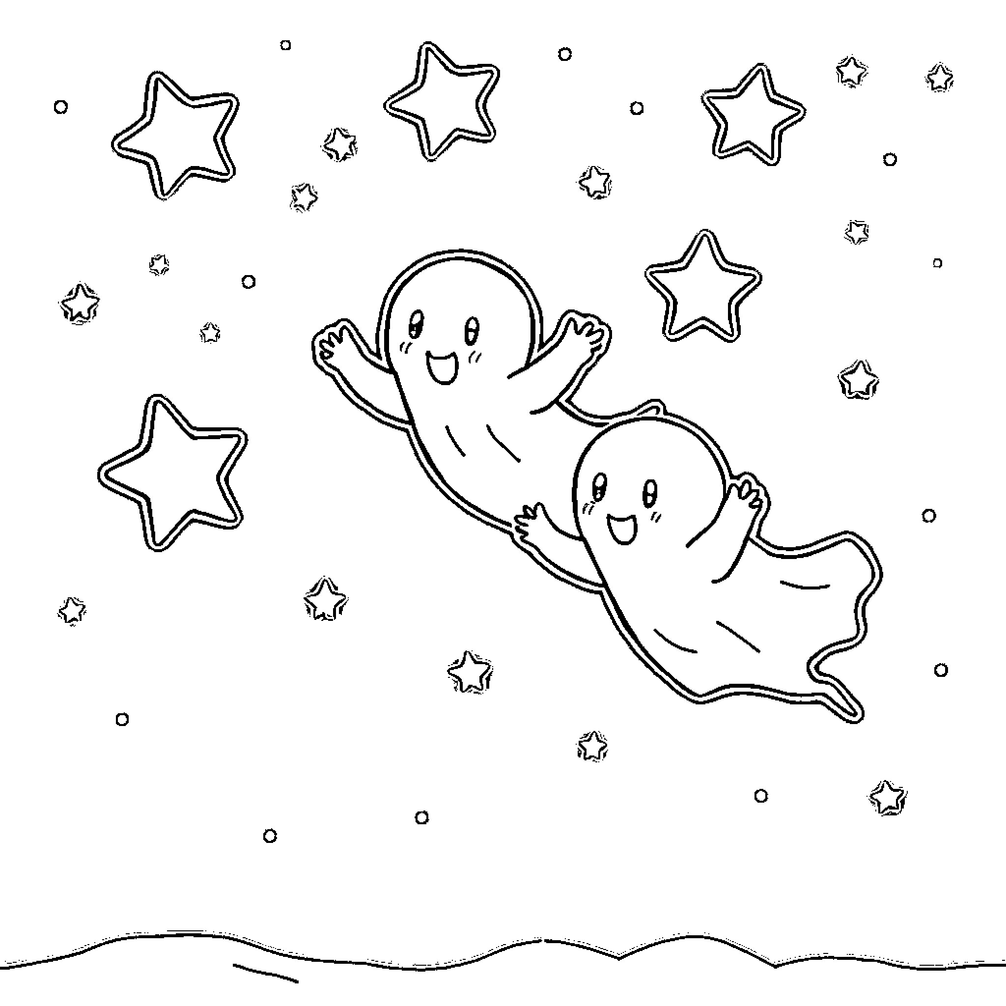 Ghost friends playing among the stars Coloring Page (free black-and-white line drawing printable PDF for all, from beginners to advanced learners, including children, teens, adults, and seniors)