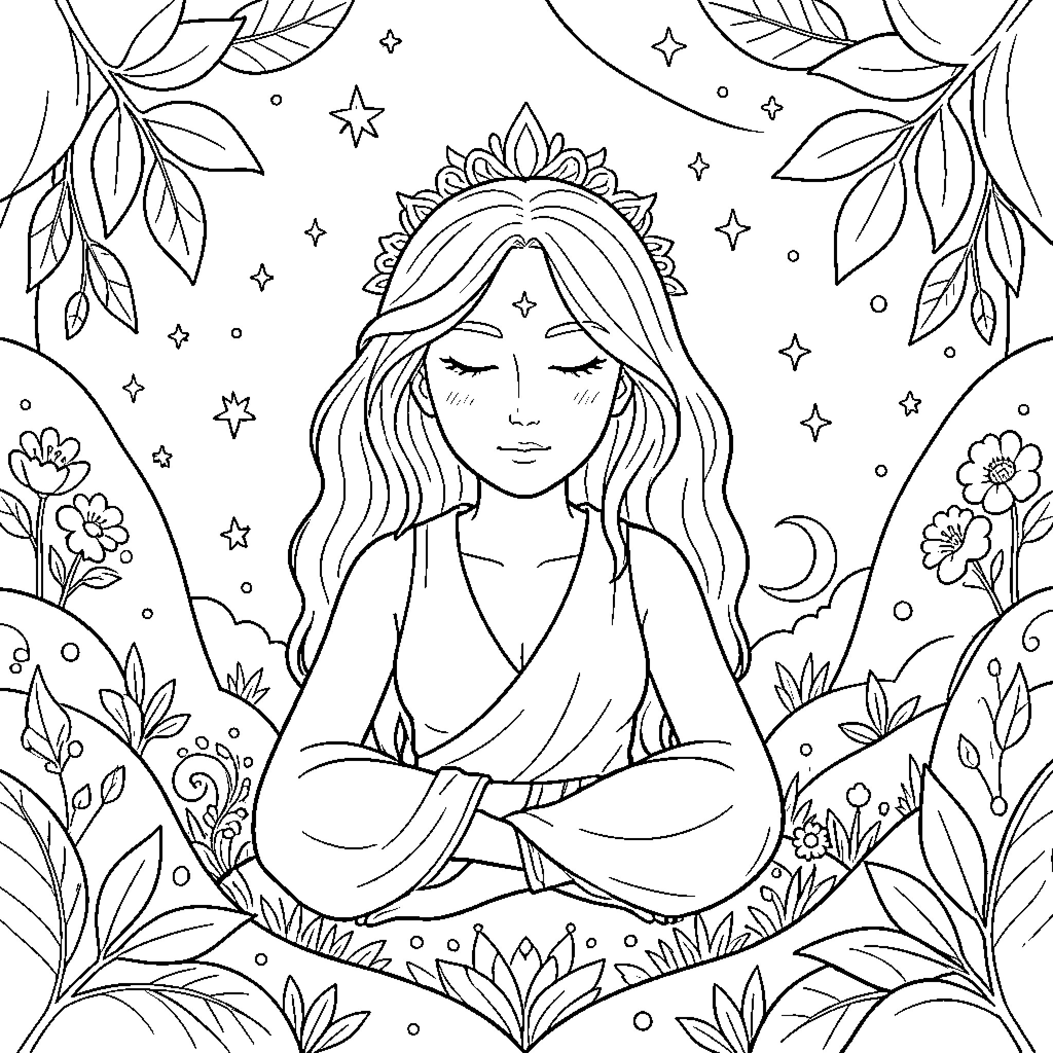 Spiritual Meditation in a Mystical Garden Coloring Page (free black-and-white line drawing printable PDF for all, from beginners to advanced learners, including children, teens, adults, and seniors)