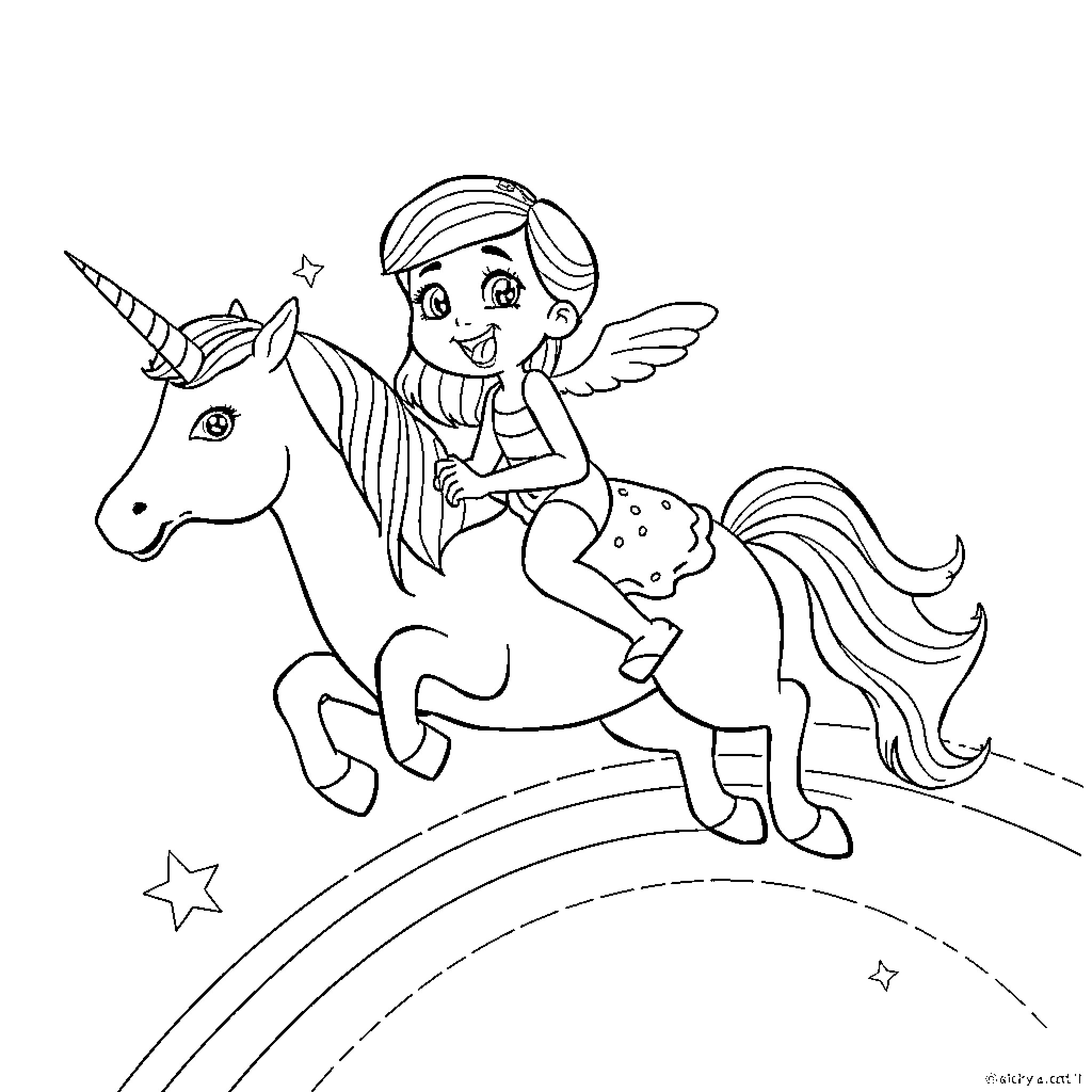 Carmen riding a unicorn in a magical setting Coloring Page (free black-and-white line drawing printable PDF for all, from beginners to advanced learners, including children, teens, adults, and seniors)