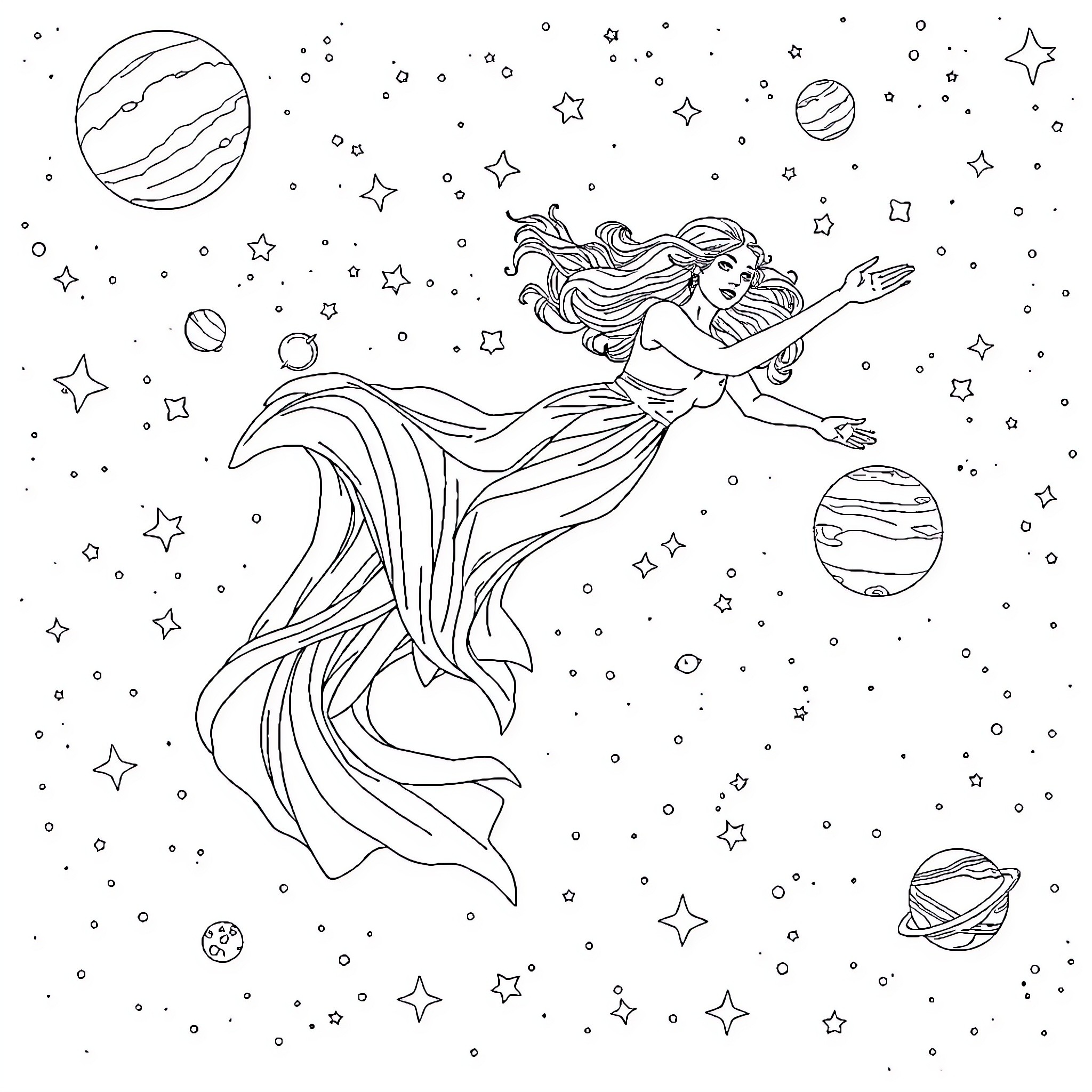 Lady floating in space with flowing dress and stars Coloring Page (free black-and-white line drawing printable PDF for all, from beginners to advanced learners, including children, teens, adults, and seniors)