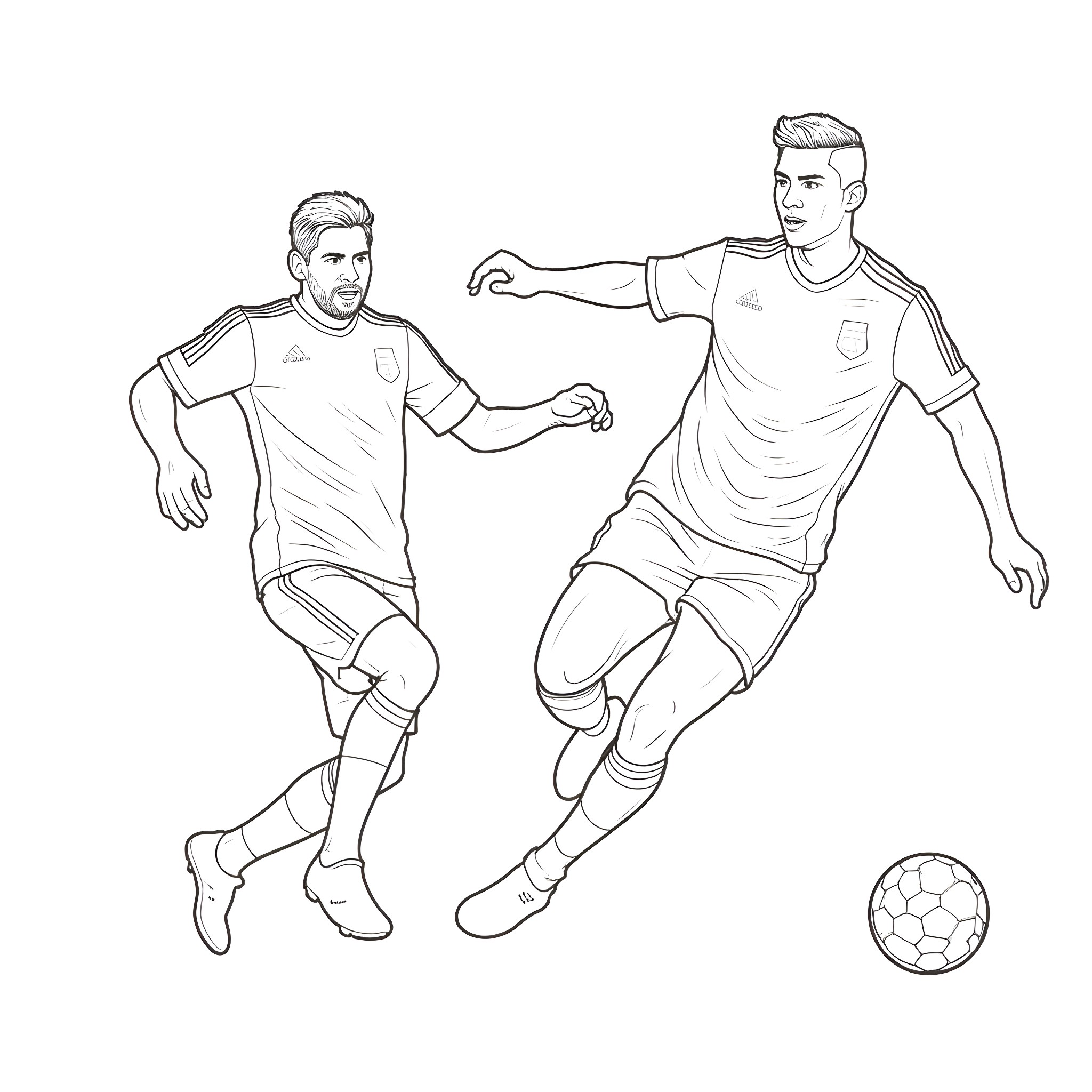 Soccer players competing for the ball Coloring Page (free black-and-white line drawing printable PDF for all, from beginners to advanced learners, including children, teens, adults, and seniors)