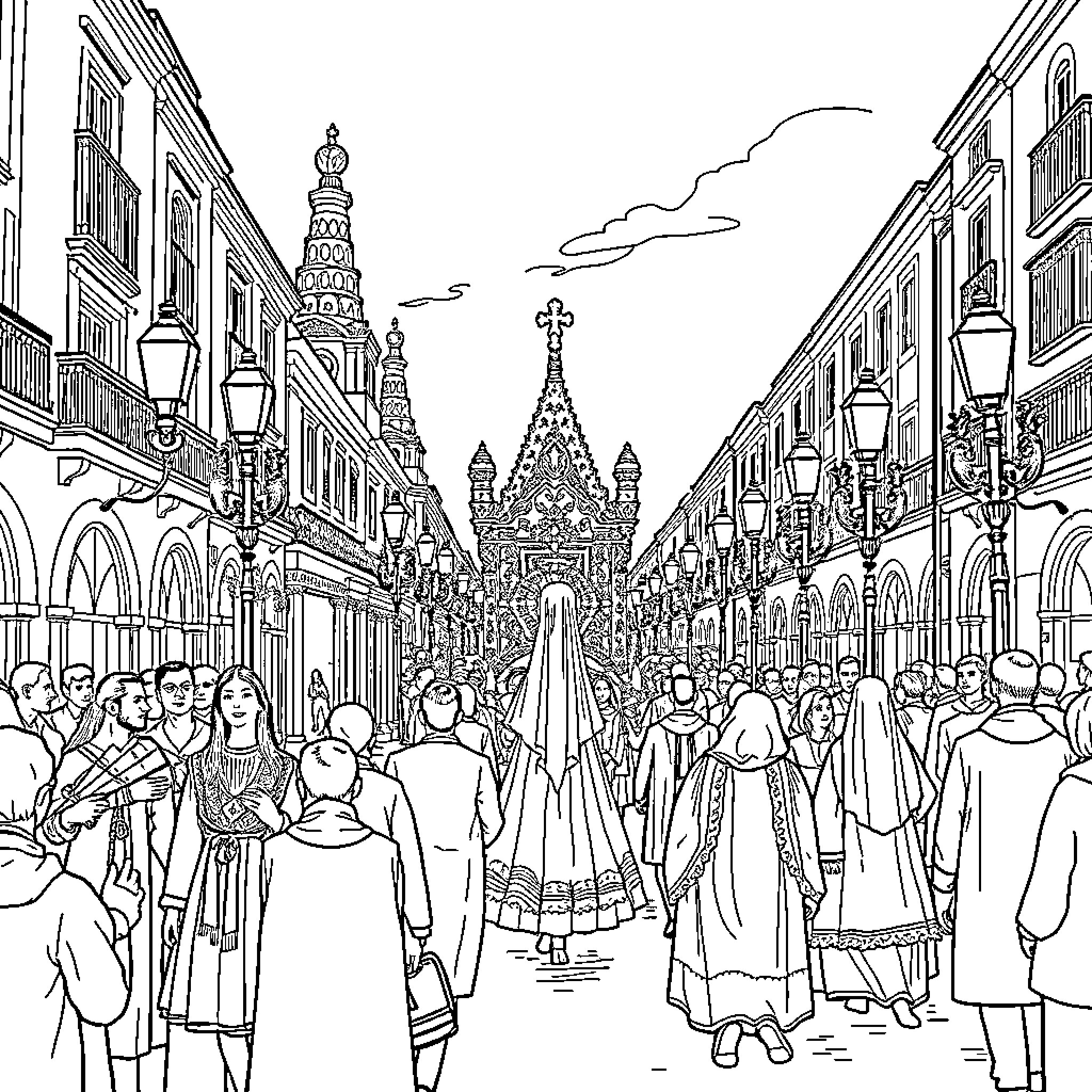 Semana Santa procession in a historic city street Coloring Page (free black-and-white line drawing printable PDF for all, from beginners to advanced learners, including children, teens, adults, and seniors)
